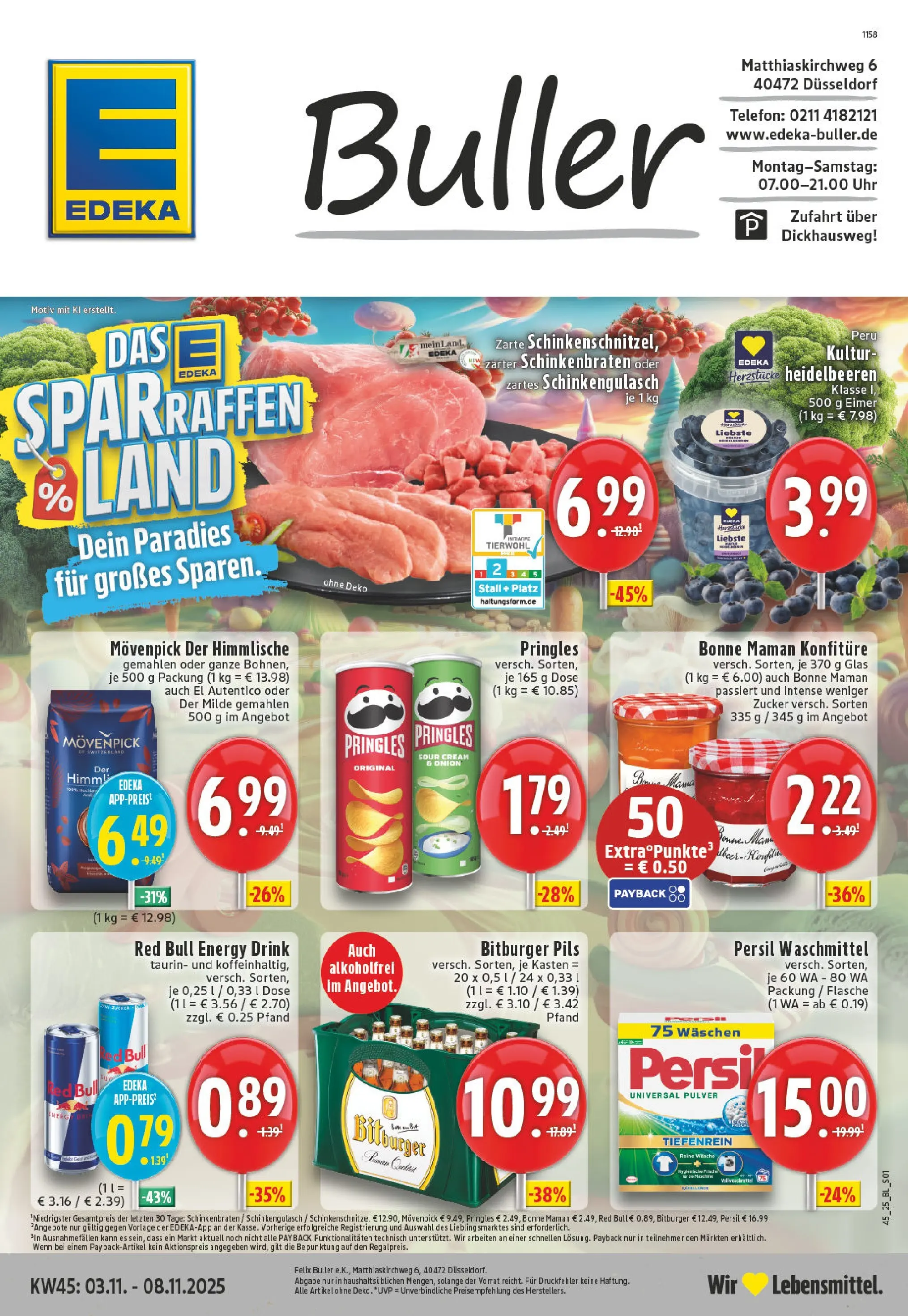 Edeka prospekt Düsseldorf	 (ab 03.11.2025) » Angebote Online | Seite: 1 | Produkte: Red bull, Chips, Bonne maman, Persil