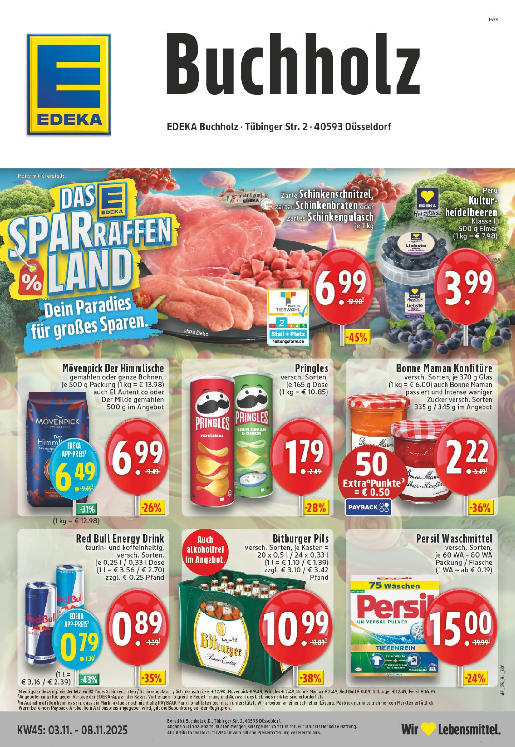 Edeka prospekt Düsseldorf	 (ab 03.11.2025) » Angebote Online | Seite: 1 | Produkte: Red bull, Chips, Bonne maman, Persil