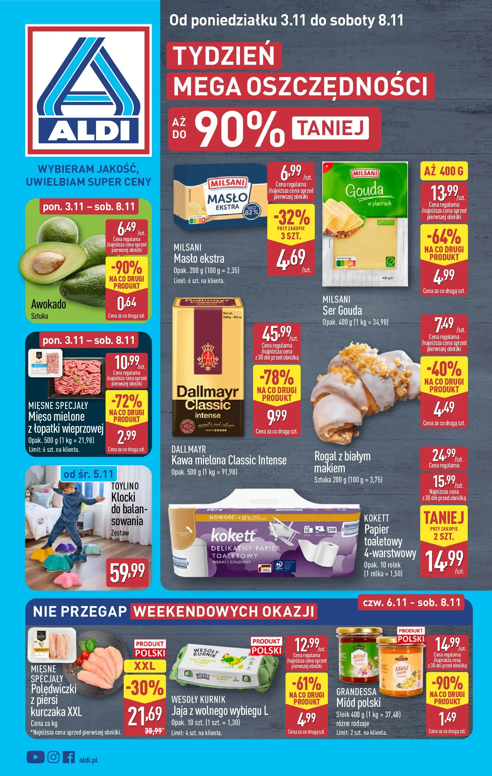 Aldi - Aż do 90% taniej w ALDI! od 02.11.2025 - Ulotka PDF, promocje | Strona: 1 | Produkty: Miód, Piersi, Mięso mielone, Jaja