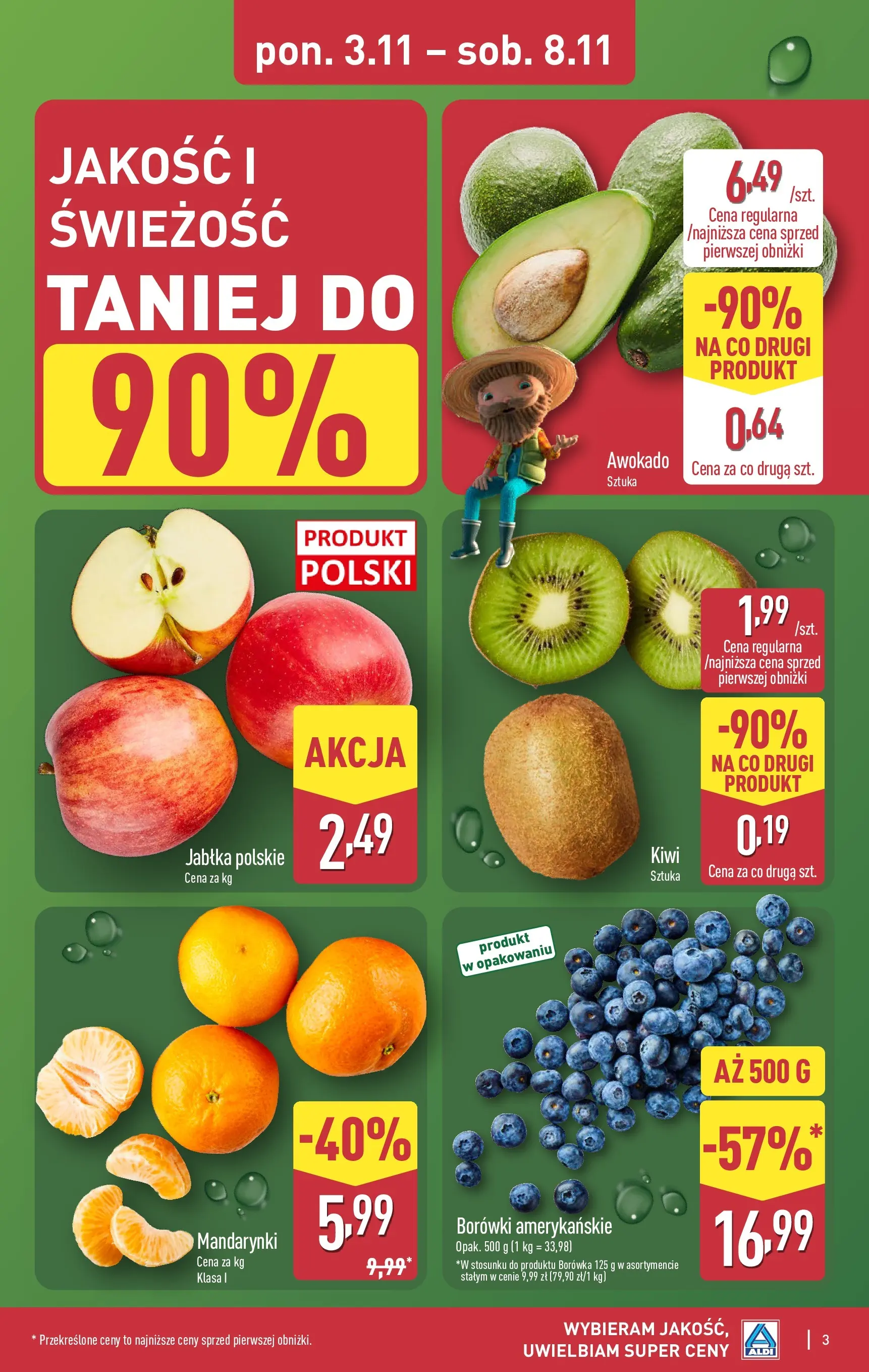 Aldi - Aż do 90% taniej w ALDI! od 02.11.2025 - Ulotka PDF, promocje | Strona: 3 | Produkty: Jabłka, Kiwi, Mandarynki, Awokado