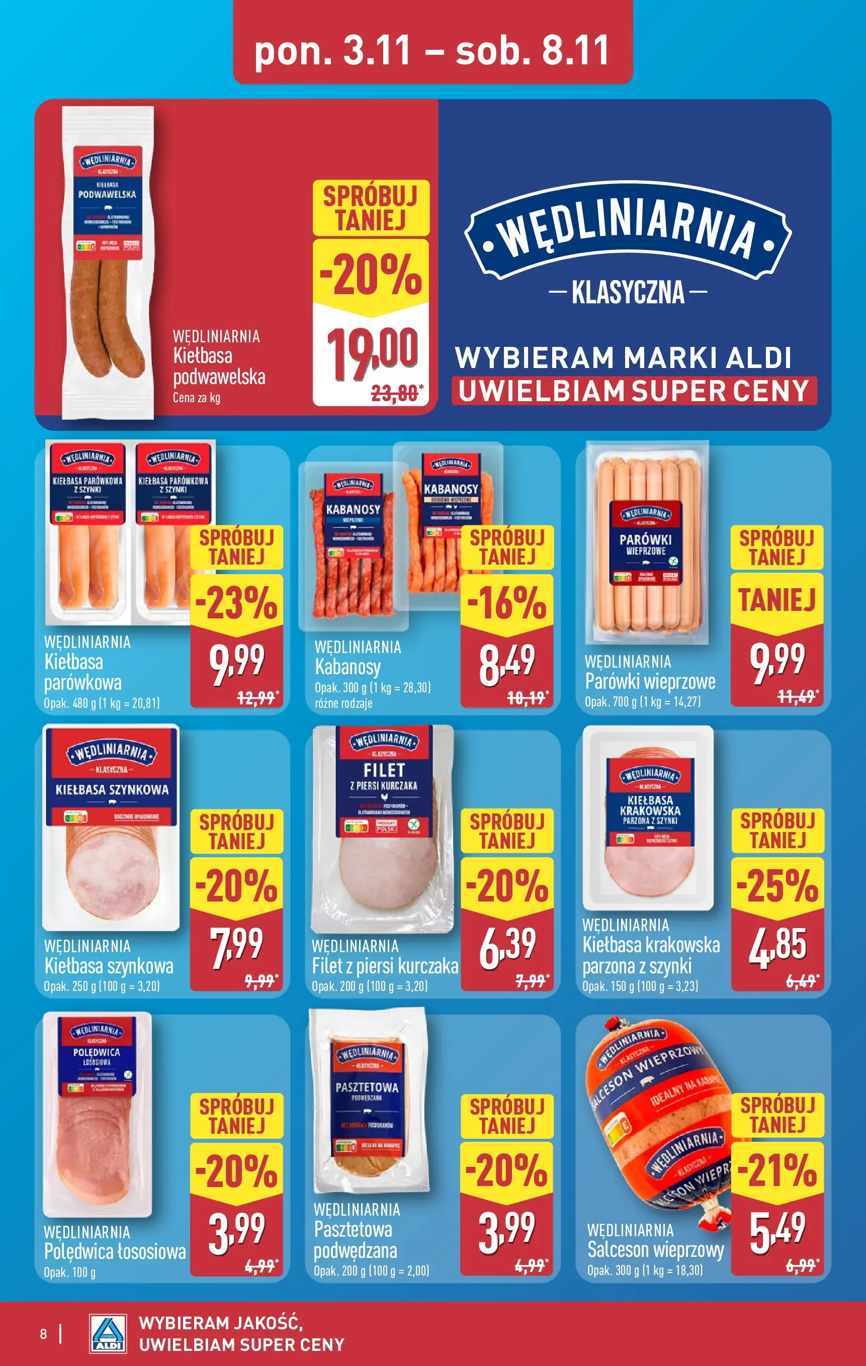 Aldi - Aż do 90% taniej w ALDI! od 02.11.2025 - Ulotka PDF, promocje | Strona: 8 | Produkty: Parówki wieprzowe, Kabanosy, Kiełbasa krakowska, Filet z piersi kurczaka