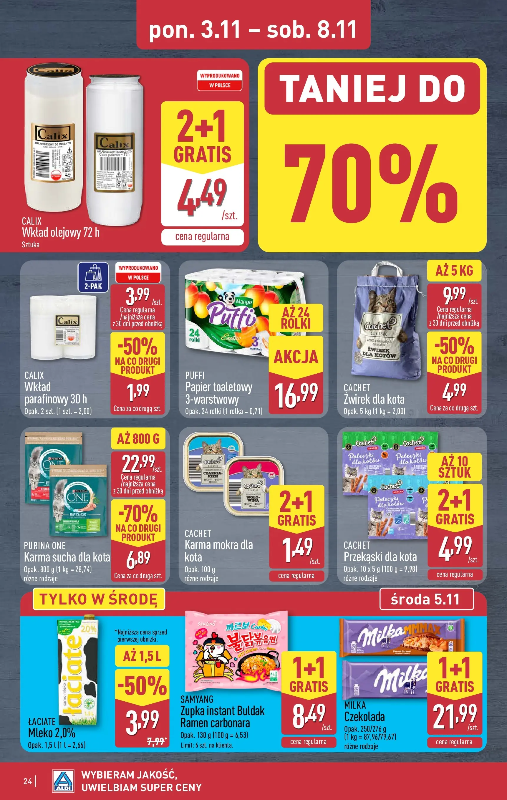 Aldi - Aż do 90% taniej w ALDI! od 02.11.2025 - Ulotka PDF, promocje | Strona: 24 | Produkty: Carbonara, Żwirek dla kota, Milka, Czekolada