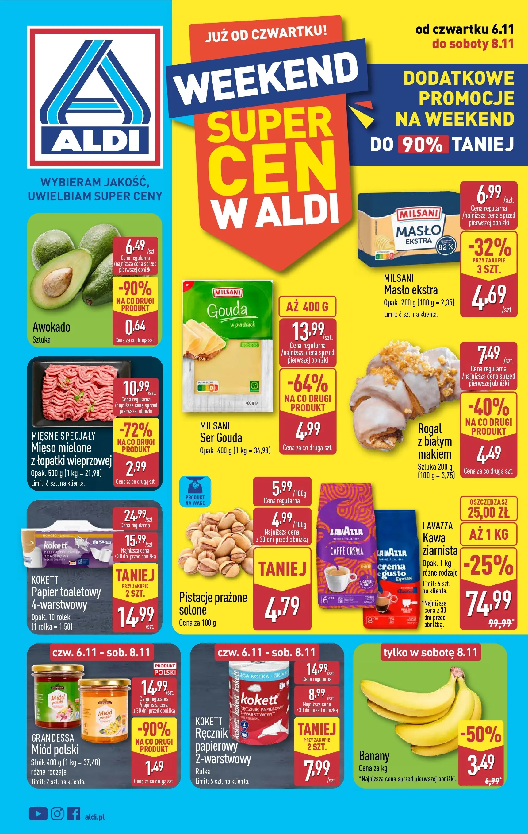 Aldi - Weekend super cen w ALDI od 05.11.2025 - Ulotka PDF, promocje | Strona: 1 | Produkty: Miód, Mięso mielone, Awokado, Ser gouda