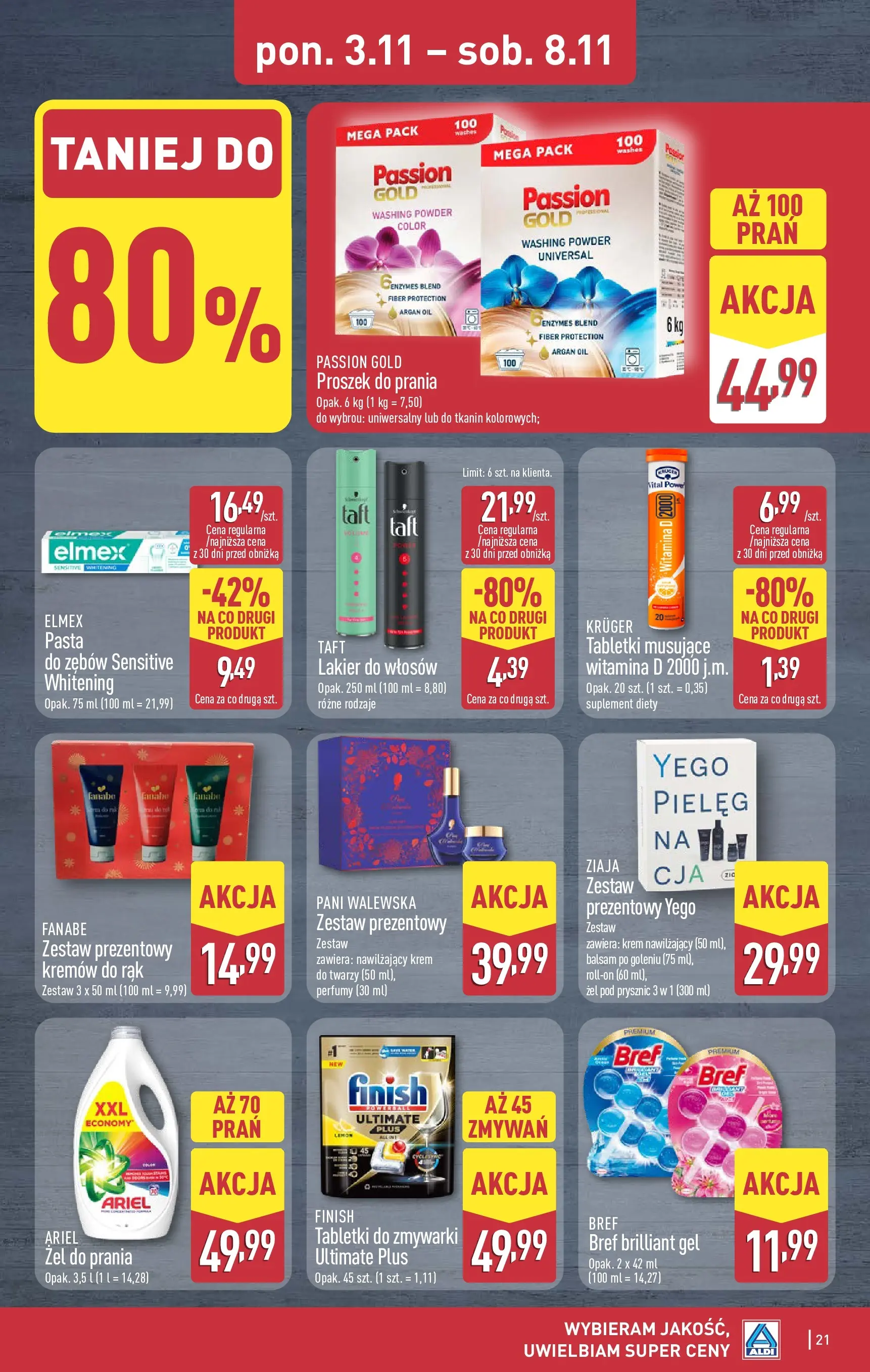 Aldi - Aż do 90% taniej w ALDI! od 02.11.2025 - Ulotka PDF, promocje | Strona: 21 | Produkty: Ariel, Lakier do włosów, Balsam po goleniu, Finish