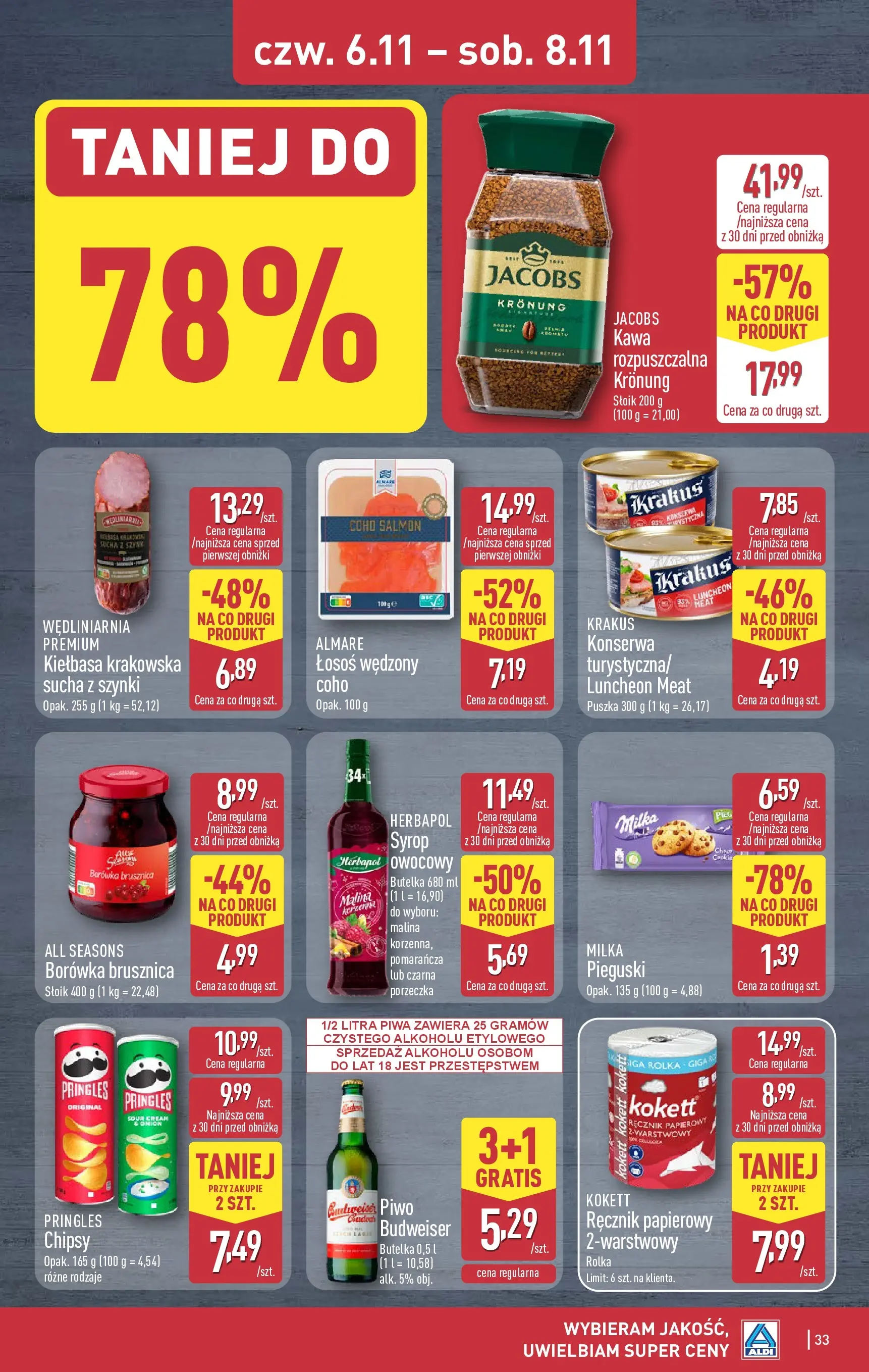 Aldi - Aż do 90% taniej w ALDI! od 02.11.2025 - Ulotka PDF, promocje | Strona: 33 | Produkty: Malina, Chipsy, Łosoś wędzony, Kiełbasa krakowska