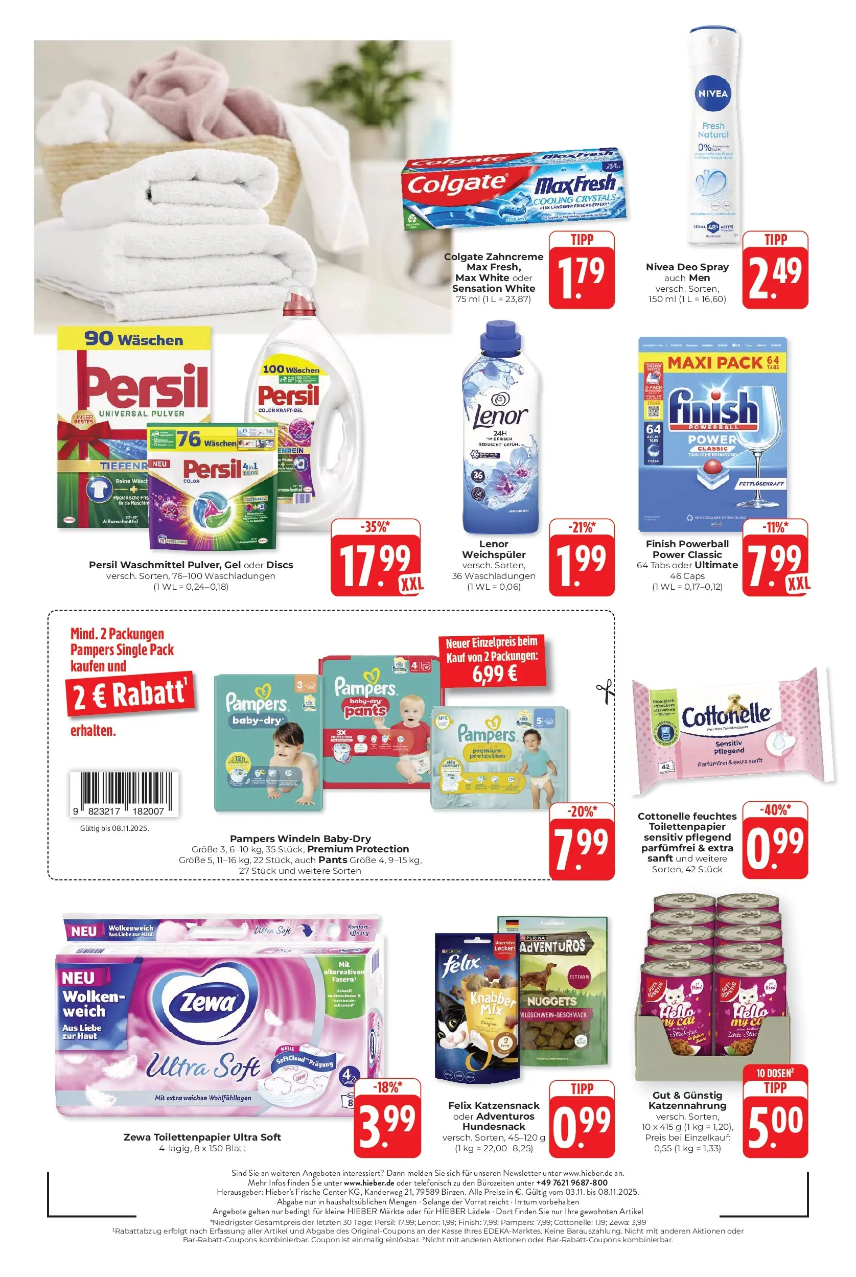 Entdecke - Hieber's Frischecenter: Meine Woche (ab 02.11.2025) zum Blättern | Seite: 16 | Produkte: Pampers, Finish, Persil, Toilettenpapier