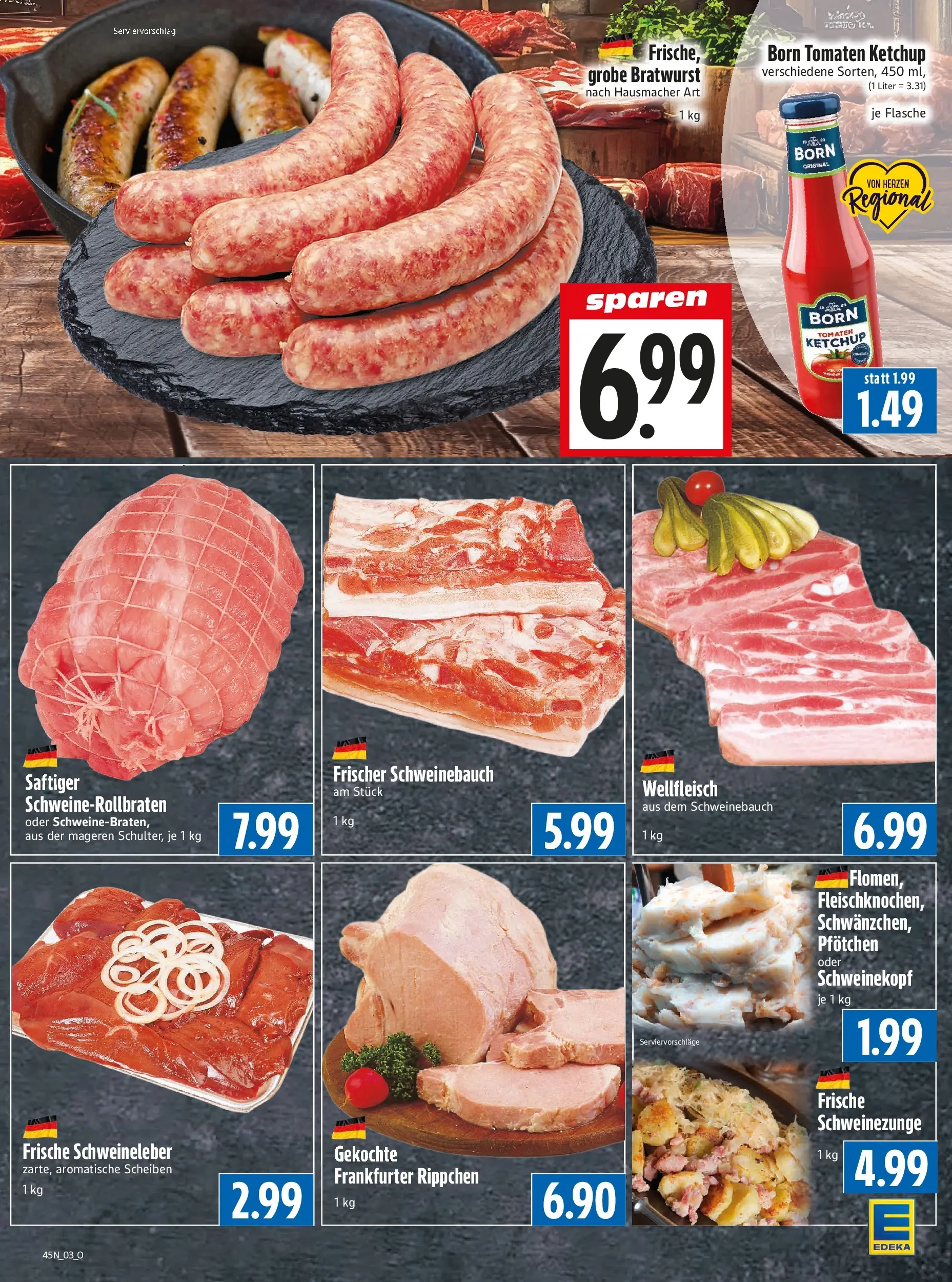 Entdecke - Edeka Hahner: Wochenangebote (ab 02.11.2025) zum Blättern | Seite: 5 | Produkte: Schweinebauch, Bratwurst, Tomaten, Ketchup