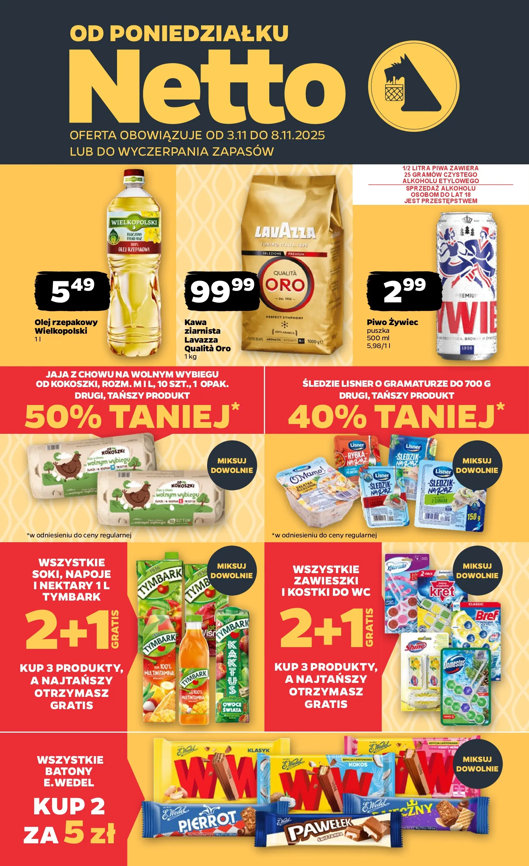 Netto gazetka - Spożywcza od 03.11.2025 - Aktualne promocje | Strona: 1 | Produkty: Śledzie lisner, Olej rzepakowy, Napoje, Kawa