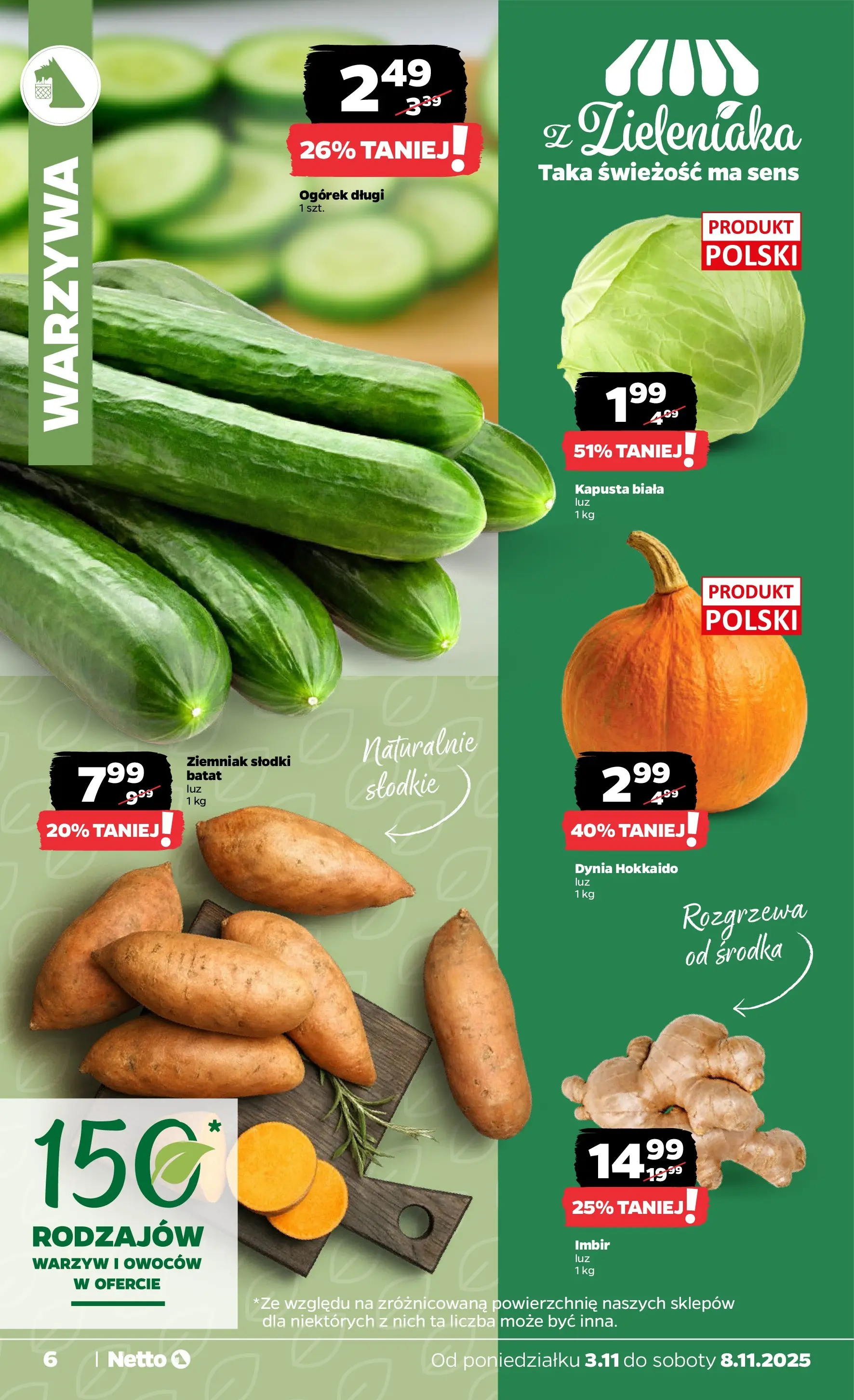 Netto gazetka - Spożywcza od 03.11.2025 - Aktualne promocje | Strona: 6 | Produkty: Kapusta, Dynia, Kapusta biała, Warzywa