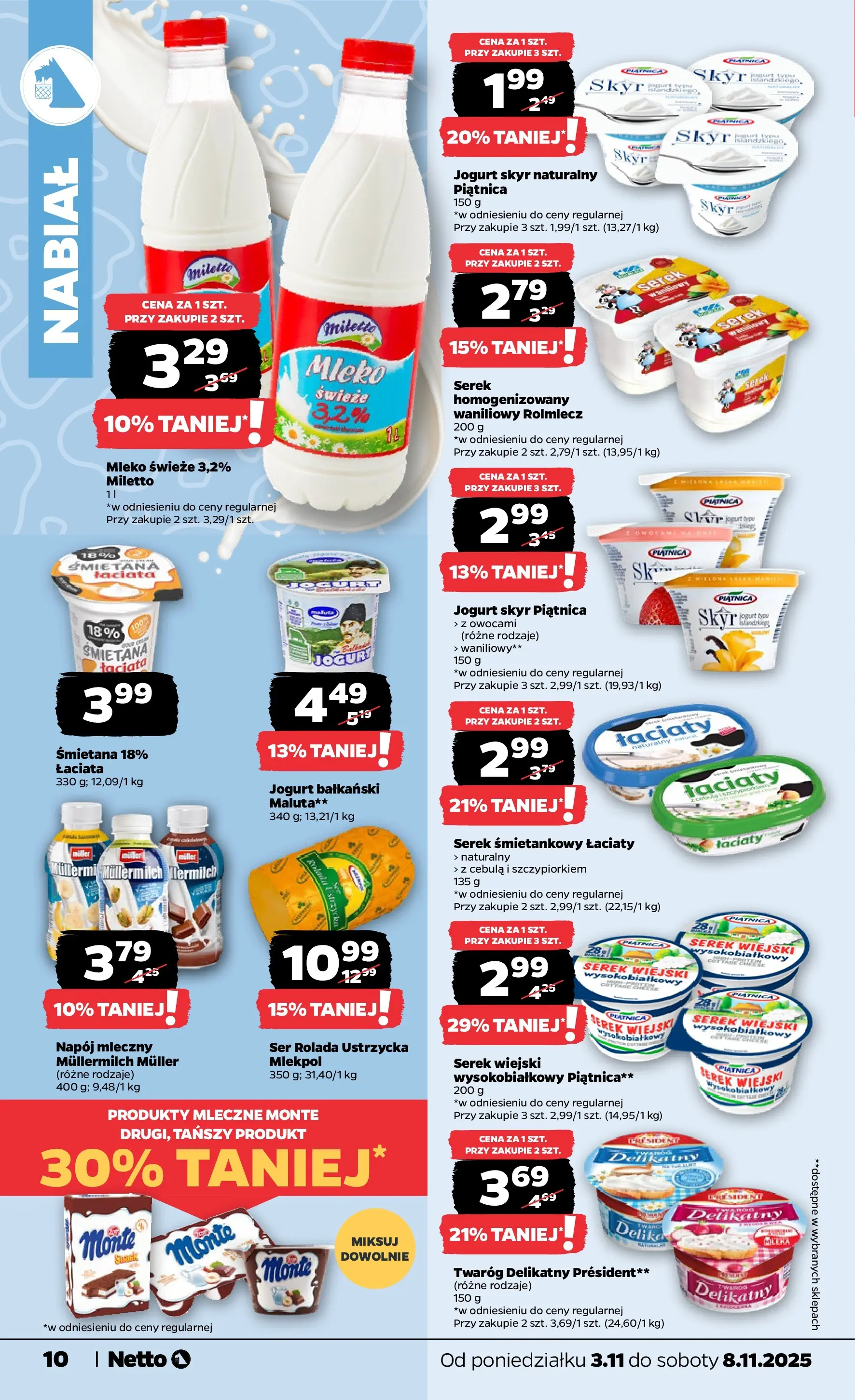 Netto gazetka - Spożywcza od 03.11.2025 - Aktualne promocje | Strona: 10 | Produkty: Serek homogenizowany, Rolada, Serek wiejski, Skyr