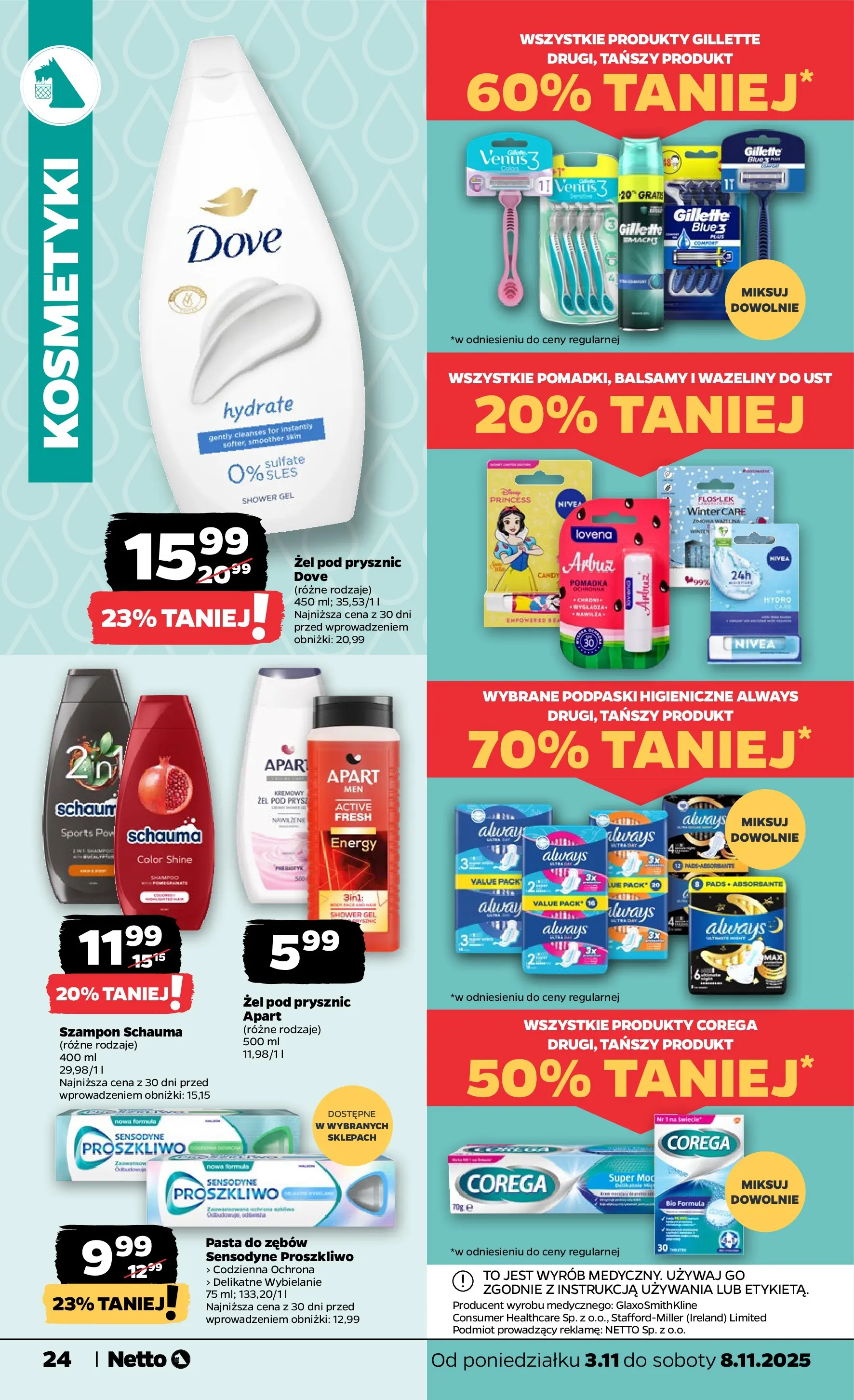 Netto gazetka - Spożywcza od 03.11.2025 - Aktualne promocje | Strona: 24 | Produkty: Gillette, Podpaski, Szampon, Żel pod prysznic