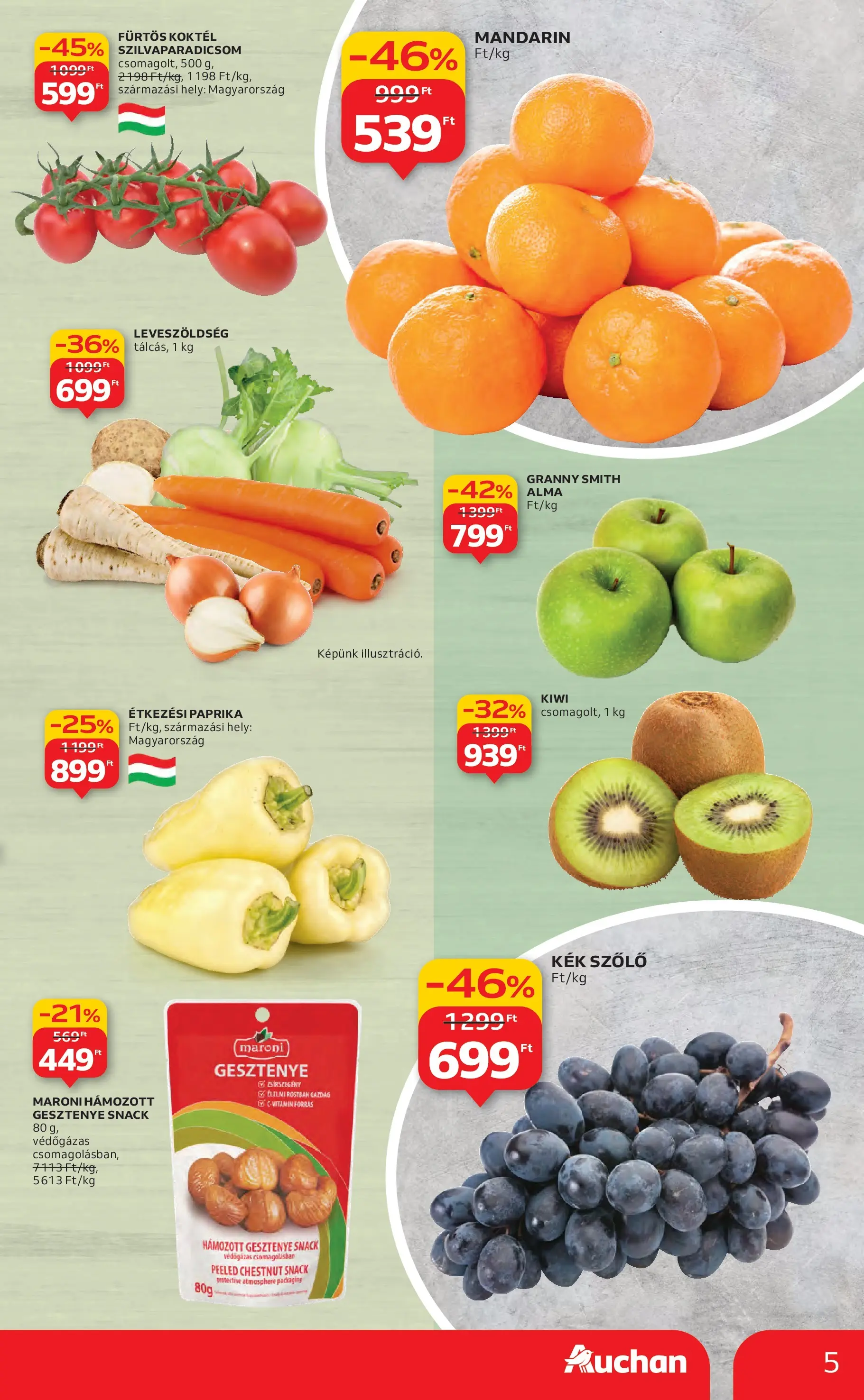 Akciós újság új Auchan - 2025.10.30. -tól/töl ⏳ | Oldal: 5 | Termékek: Szőlő, Alma, Kiwi, Mandarin Auchan Akciós újság Szolnok - 2025.10.30. -tól/töl > akció, lapozható szórólap 🛍️ | Oldal: 5 | Termékek: Szőlő, Alma, Kiwi, Mandarin