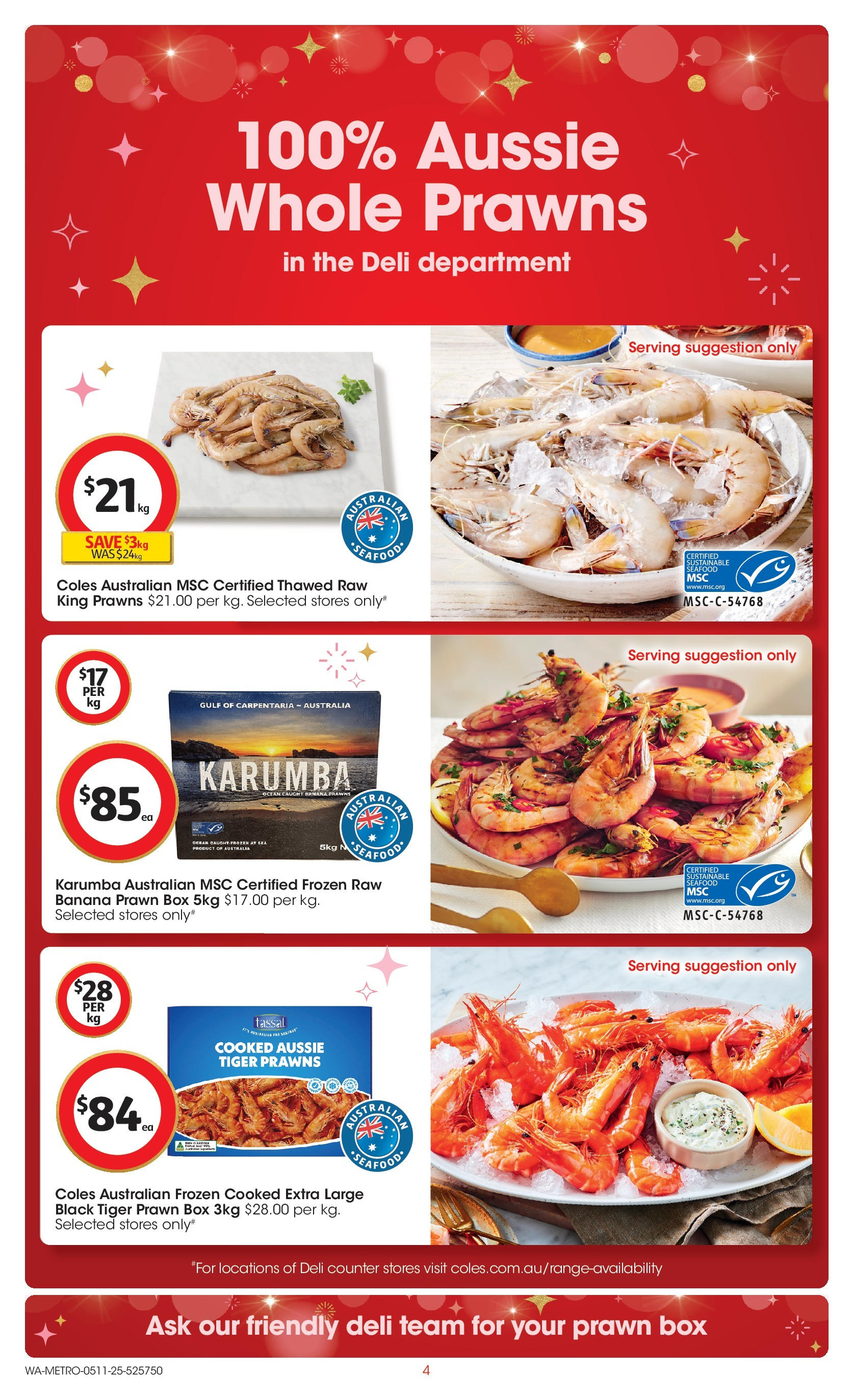 ﻿﻿Coles catalogue valid from 04/11/2025 > Online Australia | Page: 4 | Products: Box, Prawns, Sustainable, Seafood