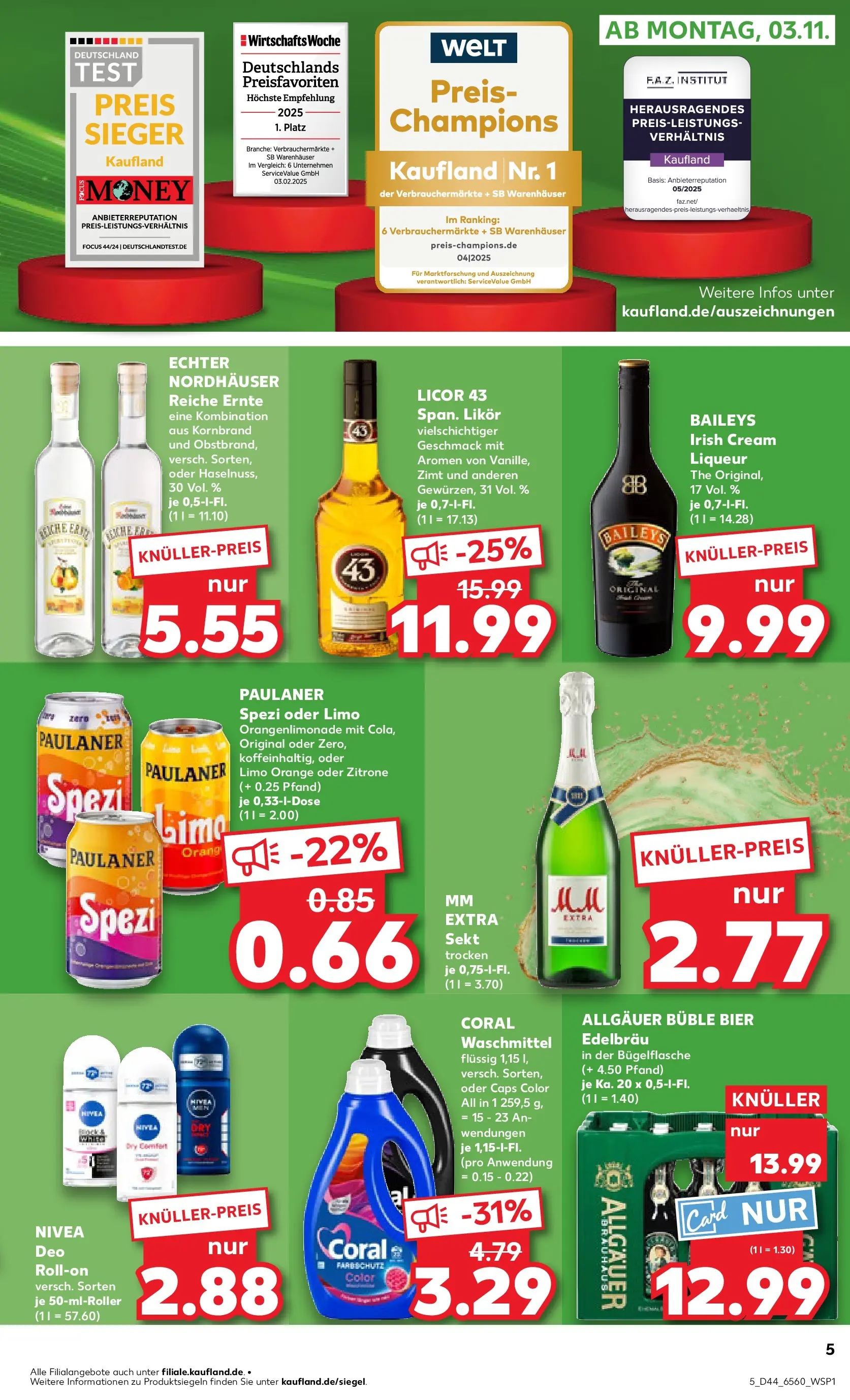 Prospekt Kaufland ab 02.11.2025 » Angebote Online zum Blättern | Seite: 5 | Produkte: Bier, Paulaner spezi, Coral waschmittel, Baileys
