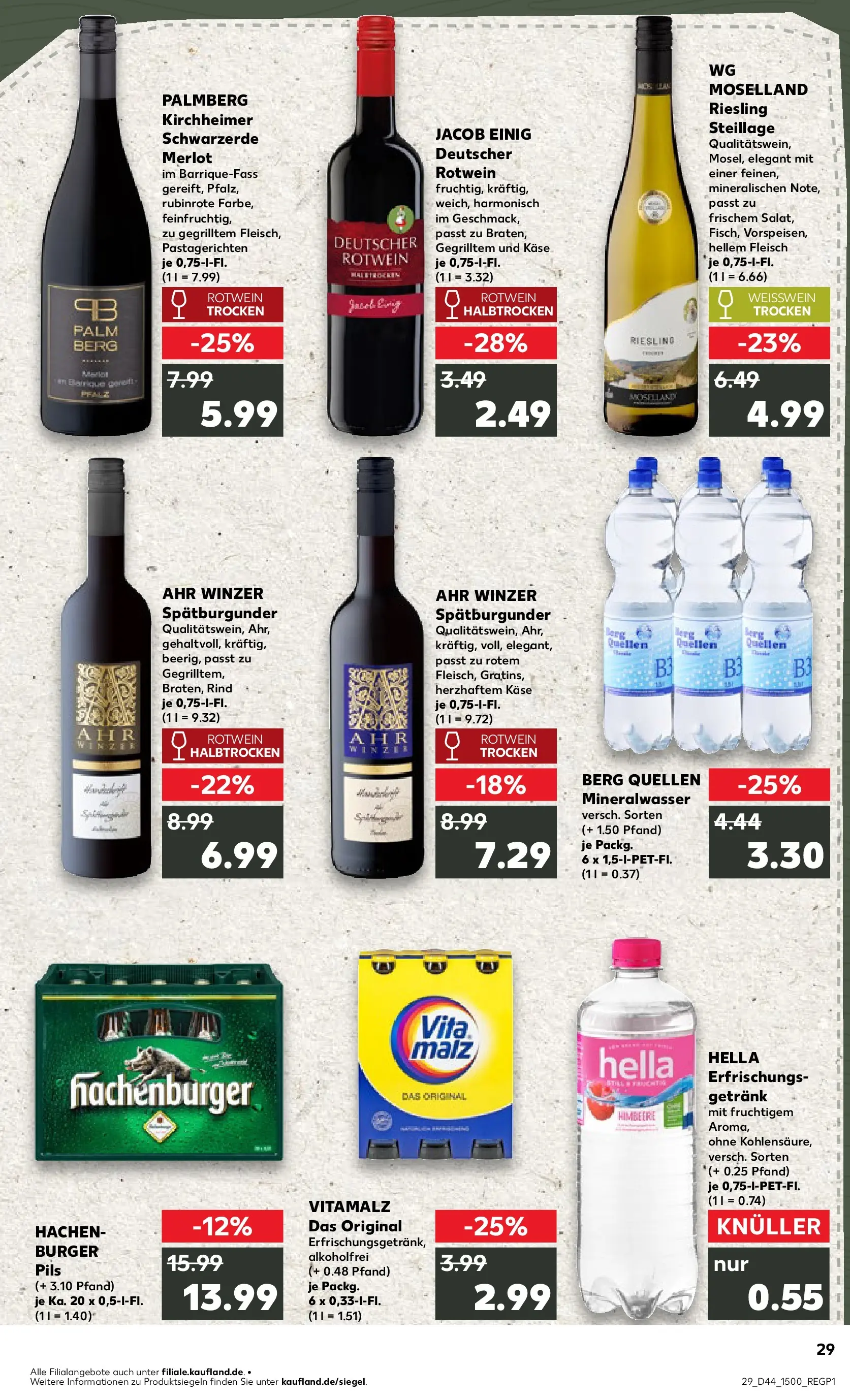 Prospekt Kaufland ab 03.11.2025 » Angebote Online zum Blättern | Seite: 29 | Produkte: Käse, Rotwein, Merlot, Mineralwasser