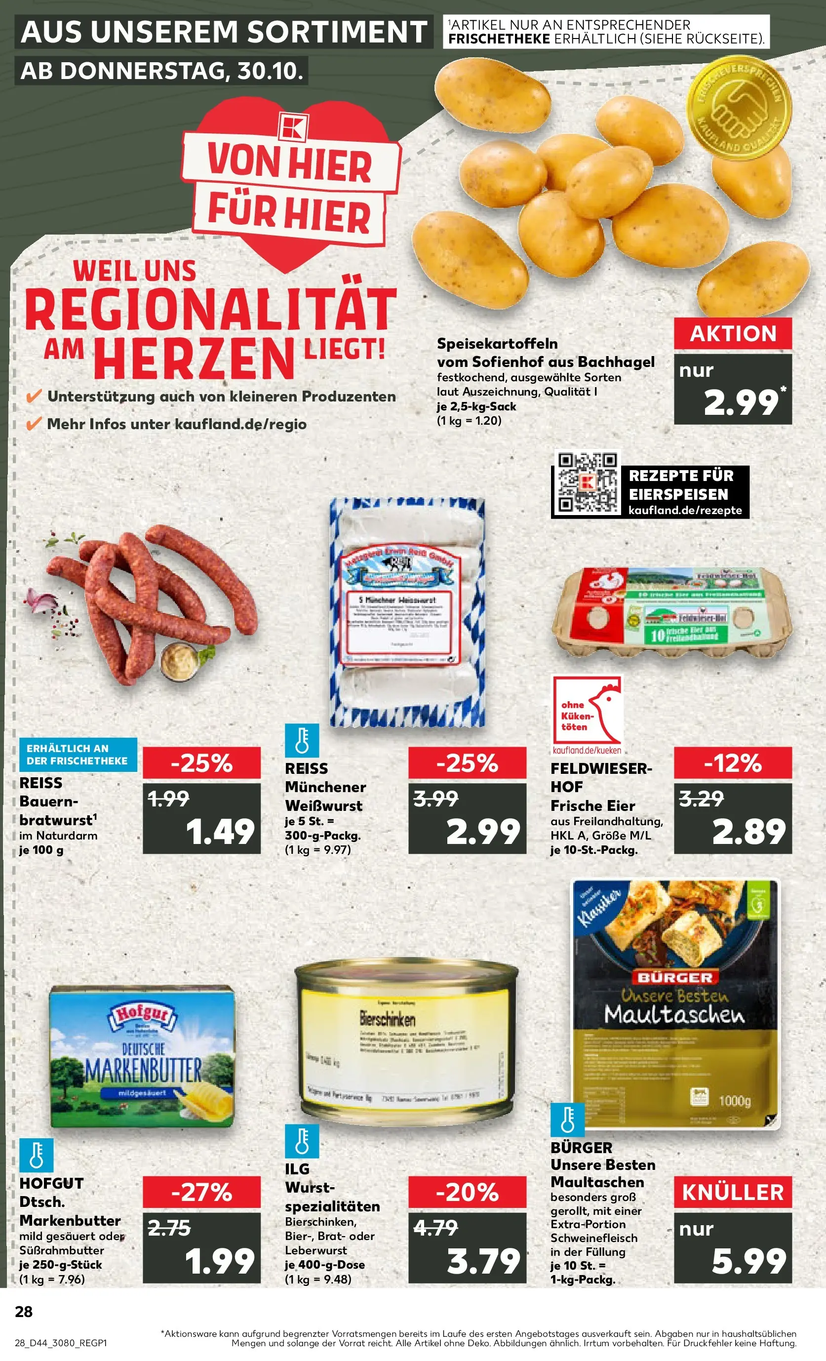 Prospekt Kaufland ab 03.11.2025 » Angebote Online zum Blättern | Seite: 28 | Produkte: Butter, Weißwurst, Schweinefleisch, Maultaschen