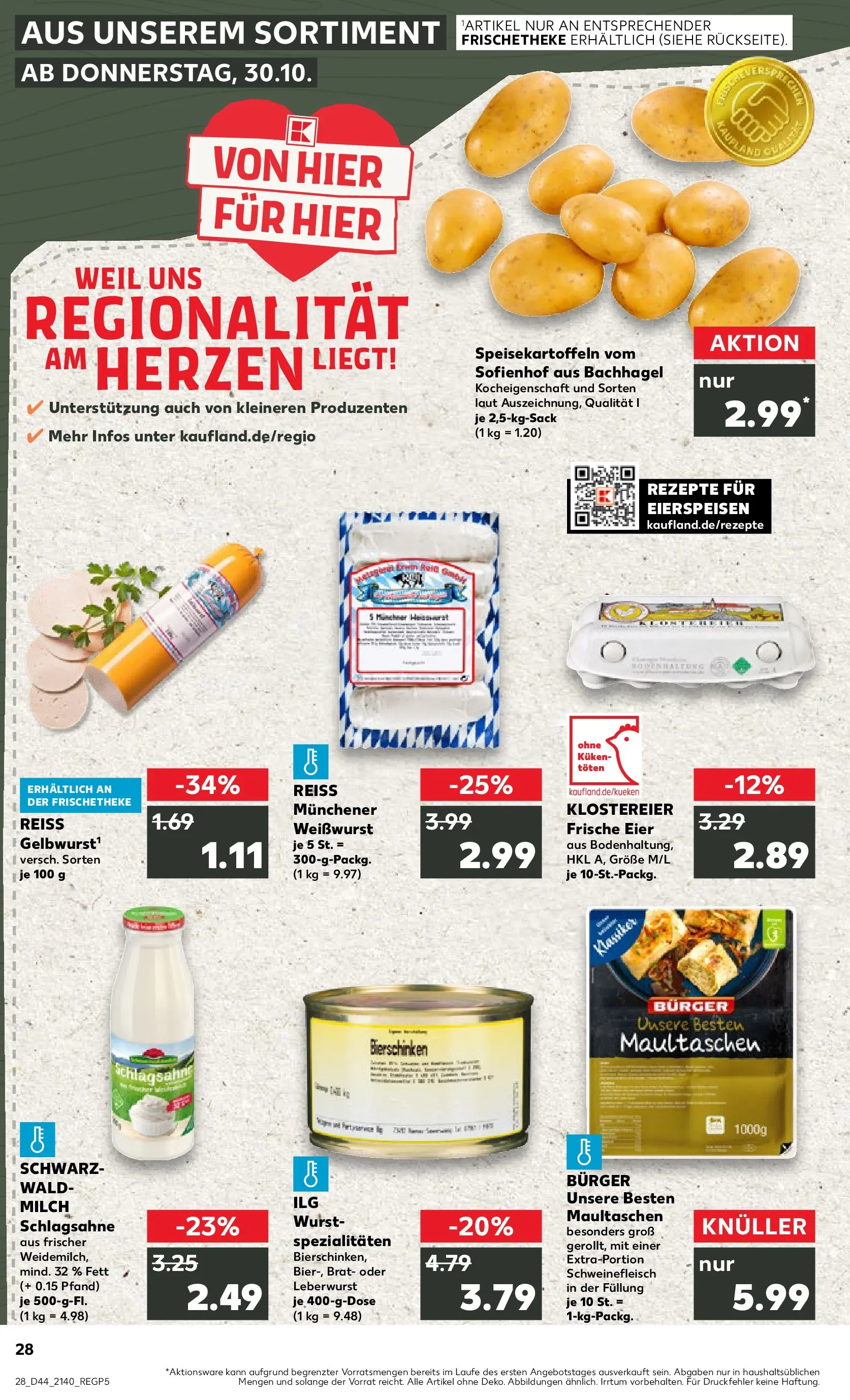 Prospekt Kaufland ab 03.11.2025 » Angebote Online zum Blättern | Seite: 28 | Produkte: Schlagsahne, Eier, Burger, Maultaschen