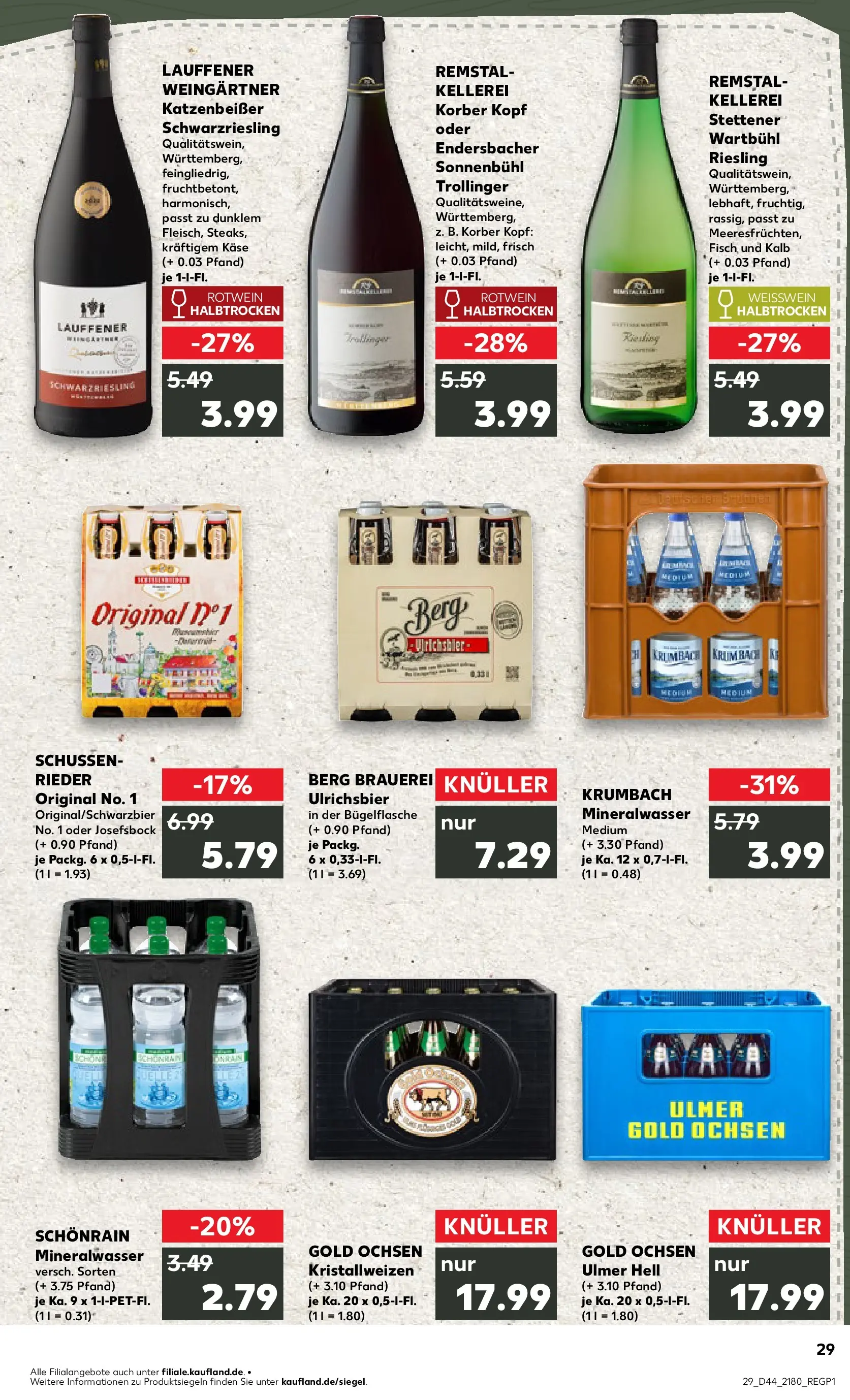 Prospekt Kaufland ab 03.11.2025 » Angebote Online zum Blättern | Seite: 29 | Produkte: Weißwein, Rotwein, Rotwein halbtrocken, Mineralwasser