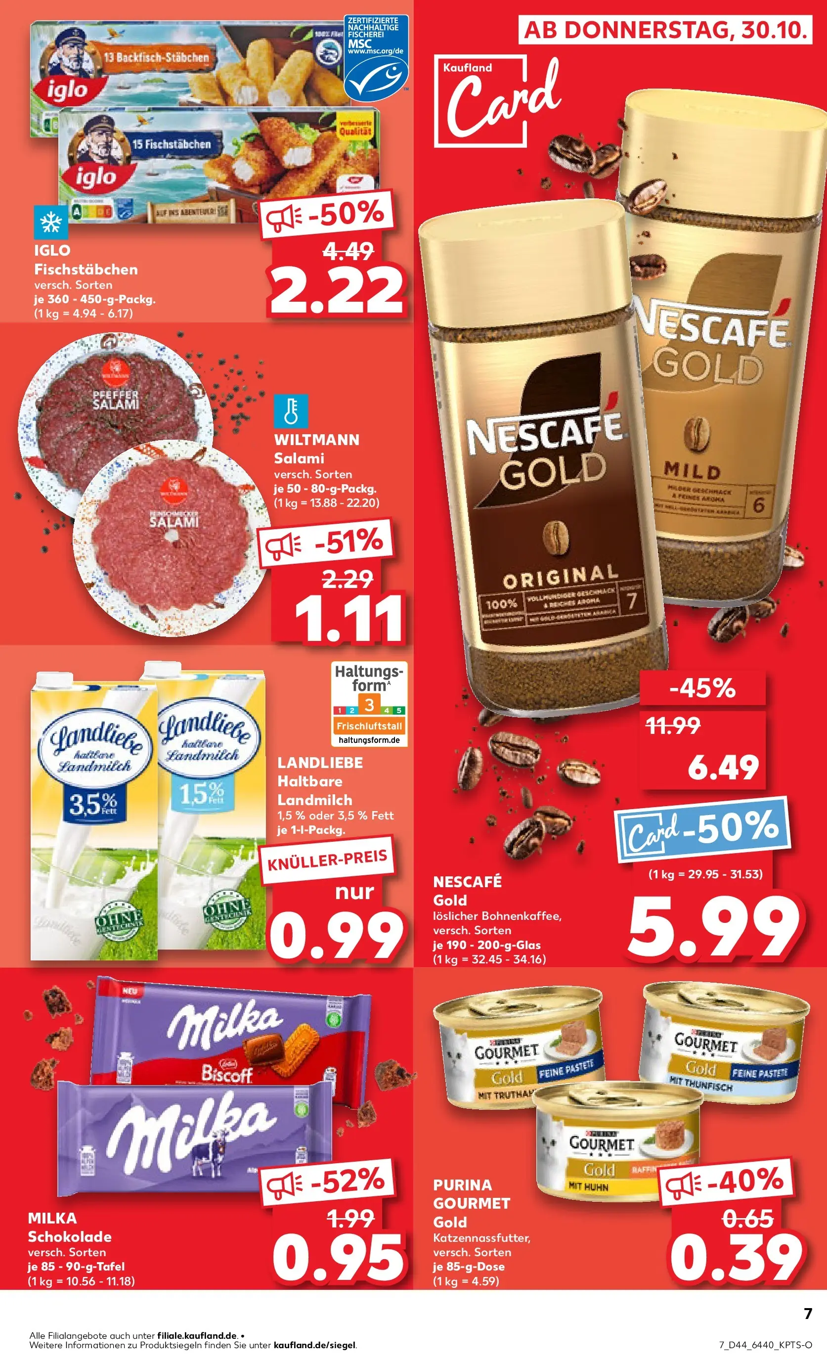 Prospekt Kaufland ab 03.11.2025 » Angebote Online zum Blättern | Seite: 7 | Produkte: Nescafe, Milka schokolade, Fischstabchen, Salami