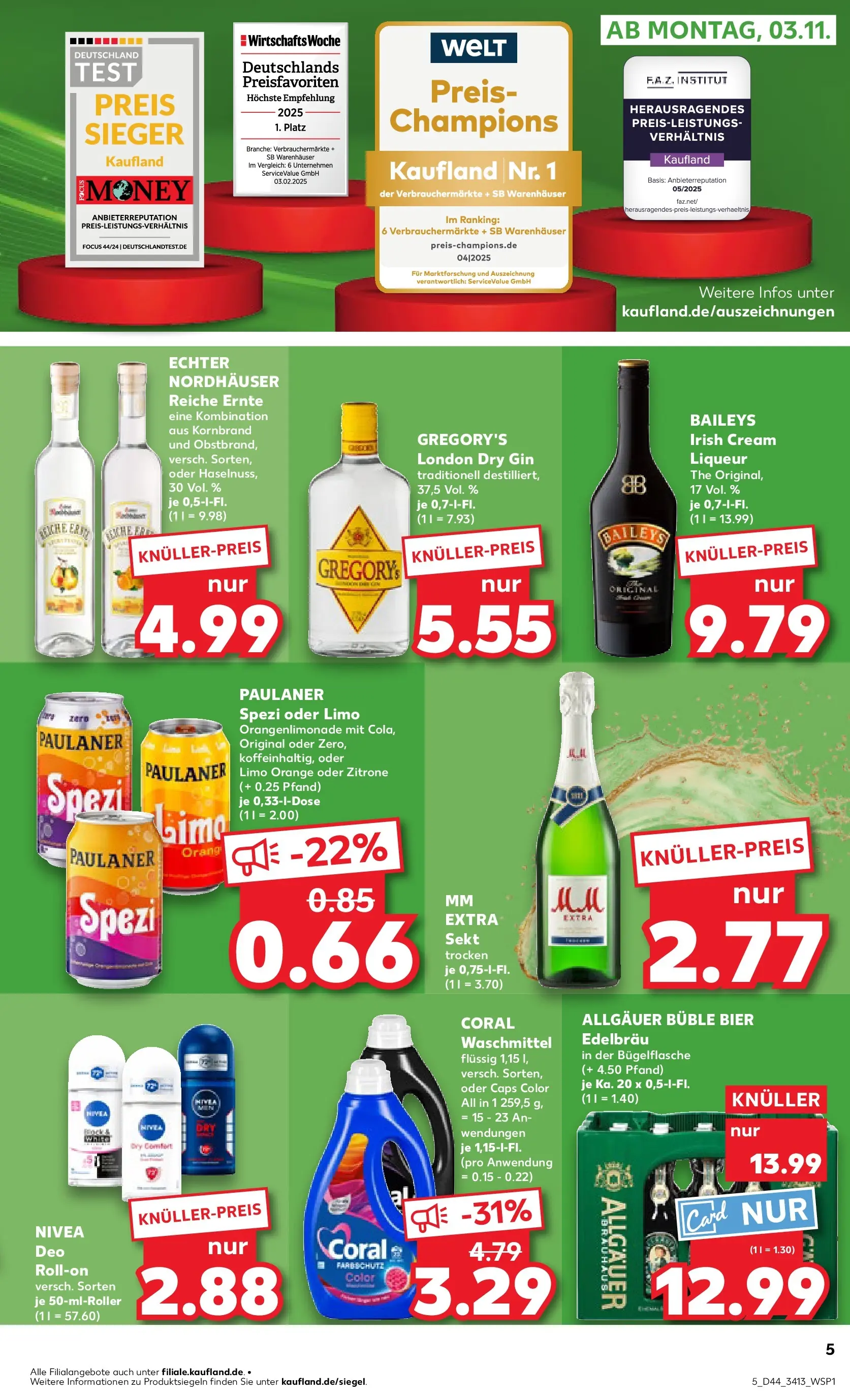Prospekt Kaufland ab 03.11.2025 » Angebote Online zum Blättern | Seite: 5 | Produkte: Coral, Deodorant, Gin, Paulaner