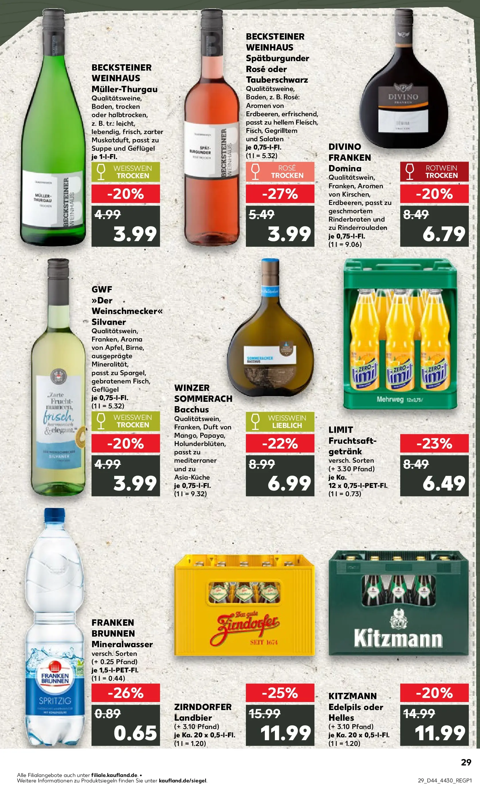 Prospekt Kaufland ab 03.11.2025 » Angebote Online zum Blättern | Seite: 29 | Produkte: Rinderbraten, Weißwein, Rotwein, Mineralwasser