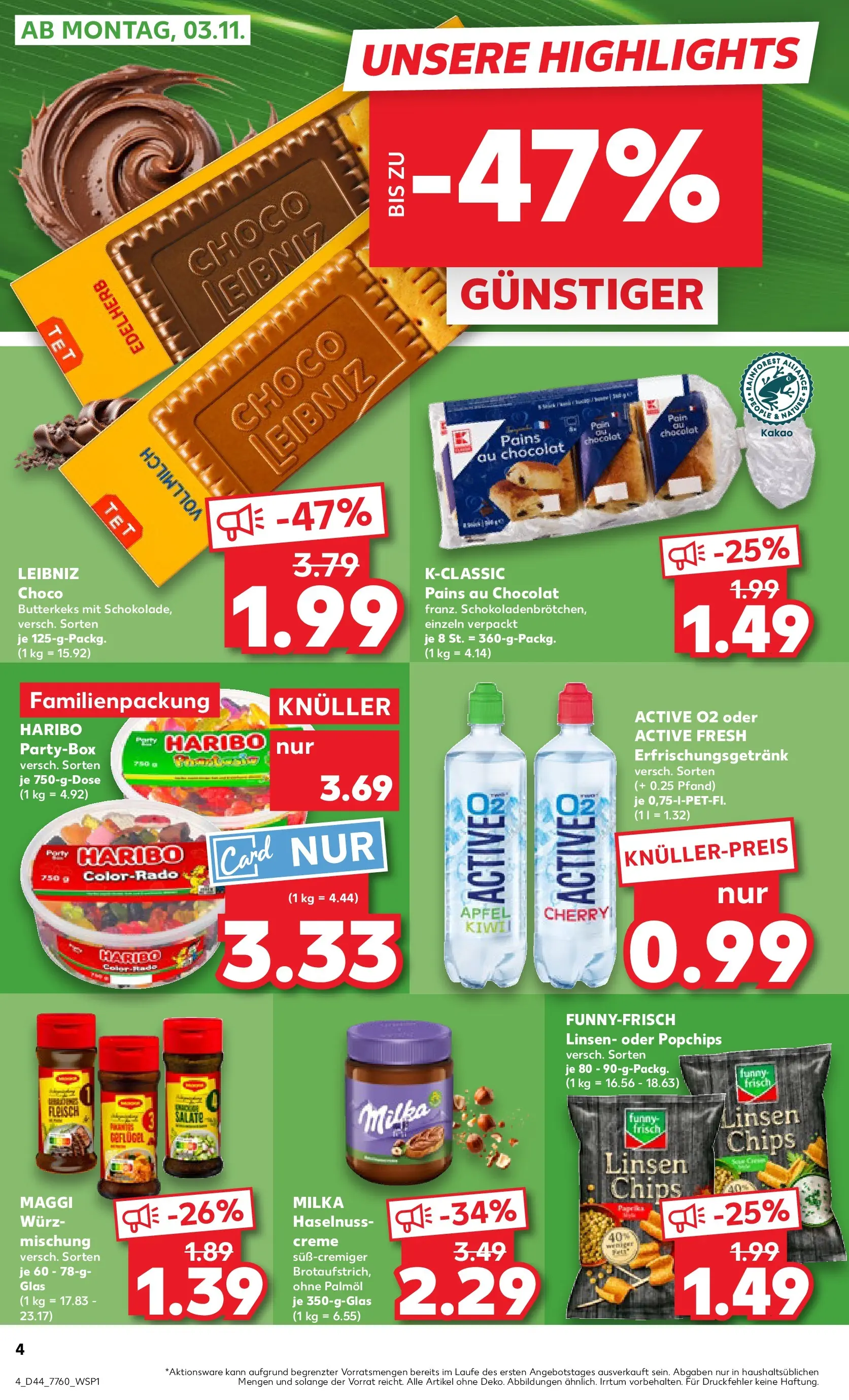 Prospekt Kaufland ab 03.11.2025 » Angebote Online zum Blättern | Seite: 4 | Produkte: Haribo, Milka, Chips, Fleisch