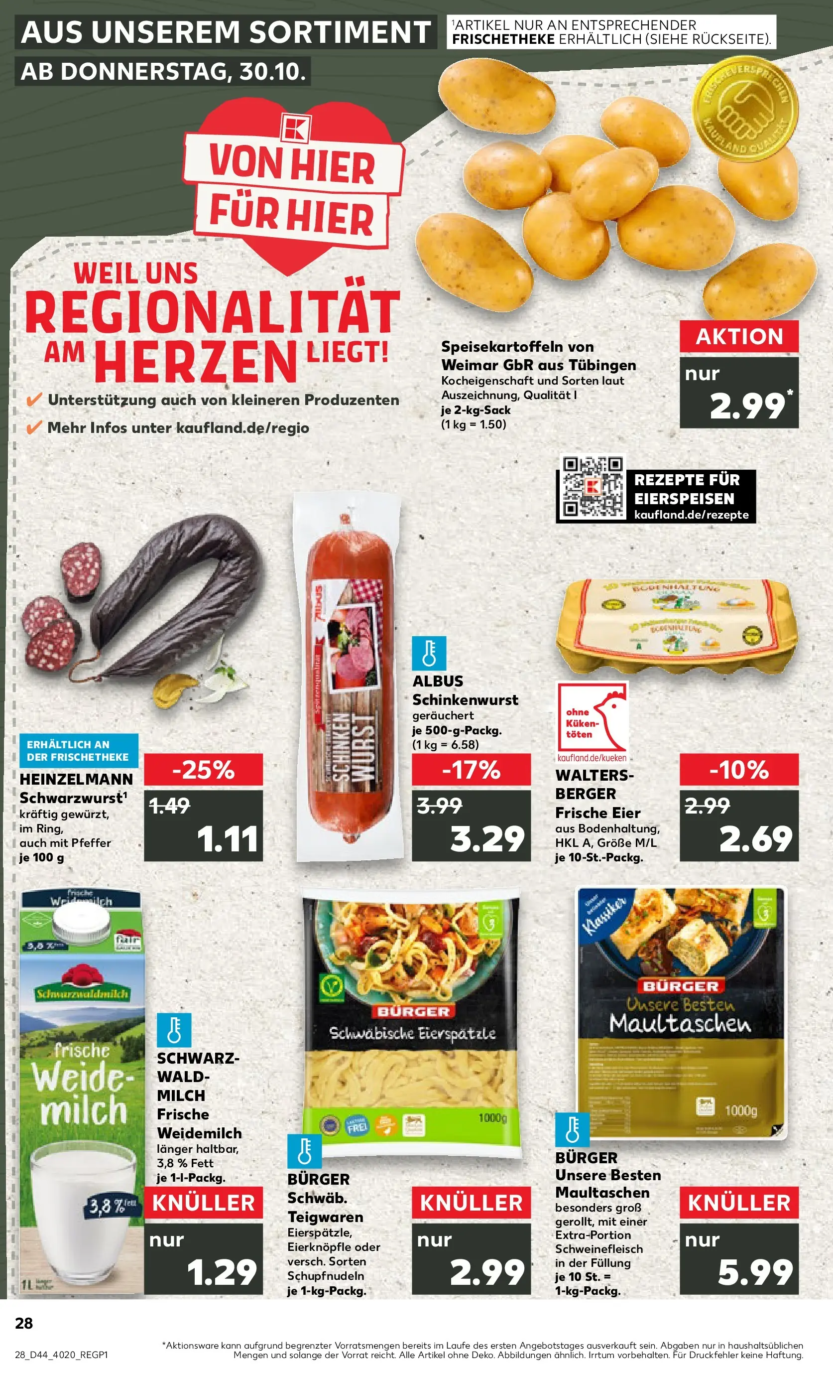 Prospekt Kaufland ab 03.11.2025 » Angebote Online zum Blättern | Seite: 28 | Produkte: Milch, Burger, Schinken, Maultaschen
