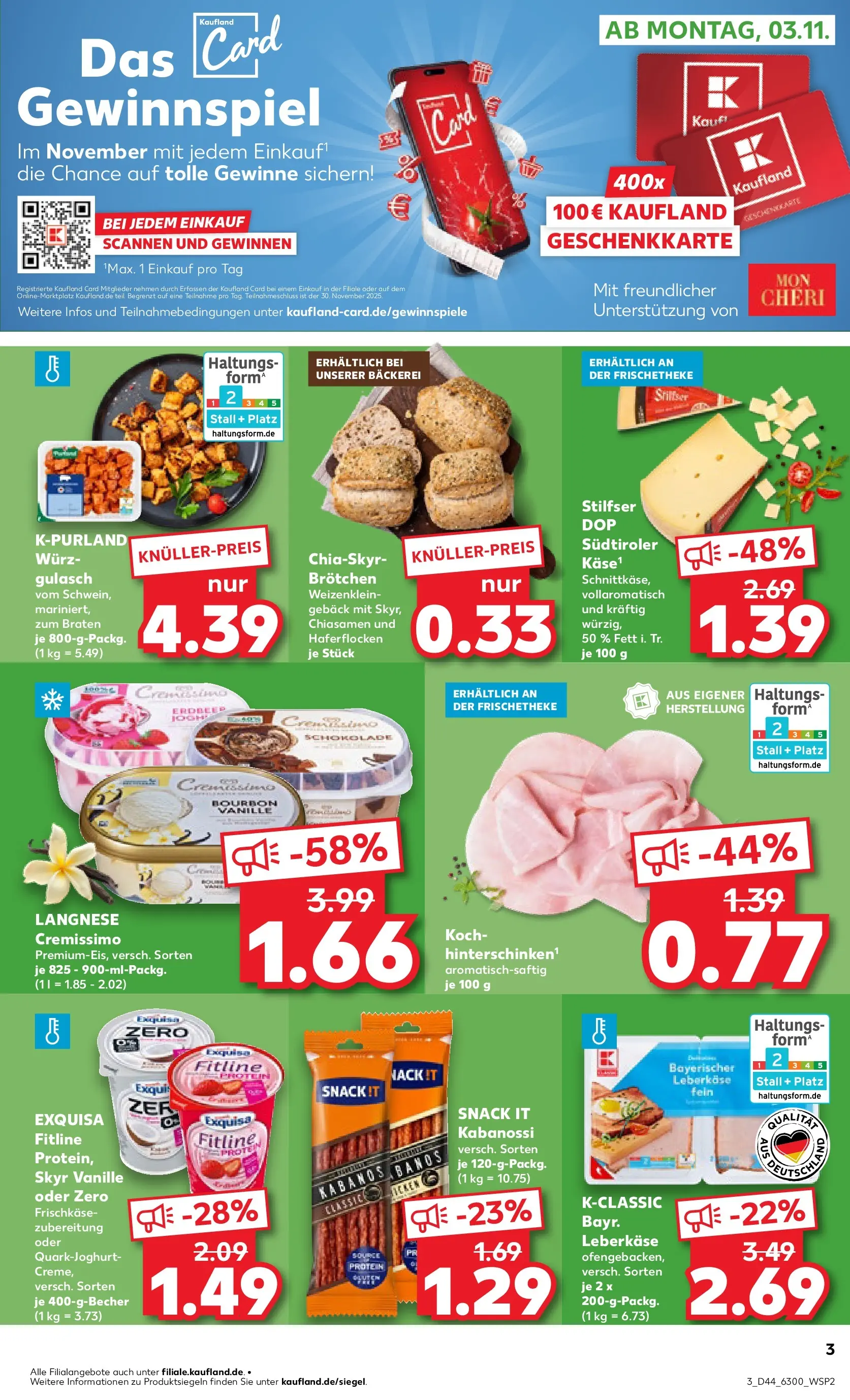 Prospekt Kaufland ab 03.11.2025 » Angebote Online zum Blättern | Seite: 3 | Produkte: Langnese, Skyr, Gulasch, Frischkase