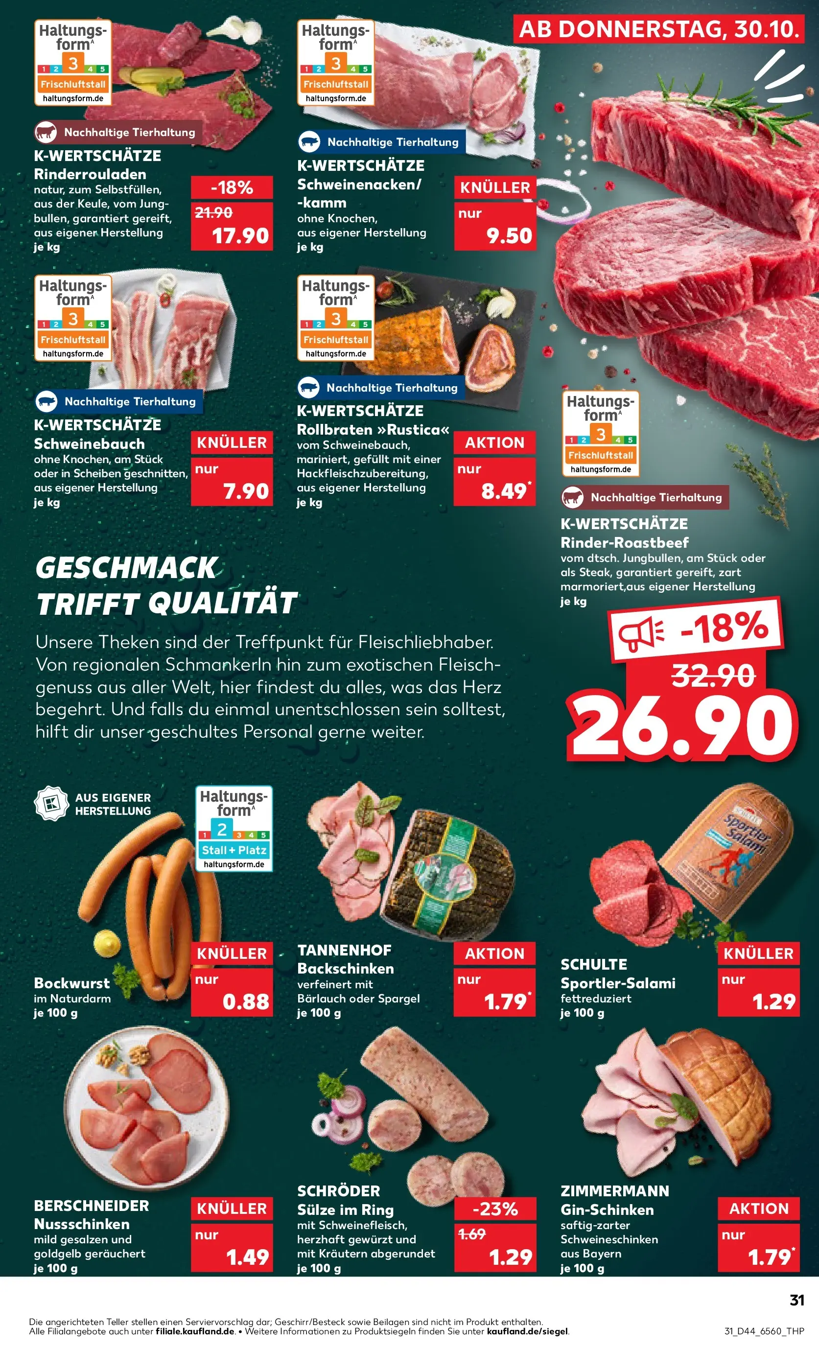 Prospekt Kaufland ab 03.11.2025 » Angebote Online zum Blättern | Seite: 31 | Produkte: Rinderrouladen, Schweinebauch, Salami, Fleisch