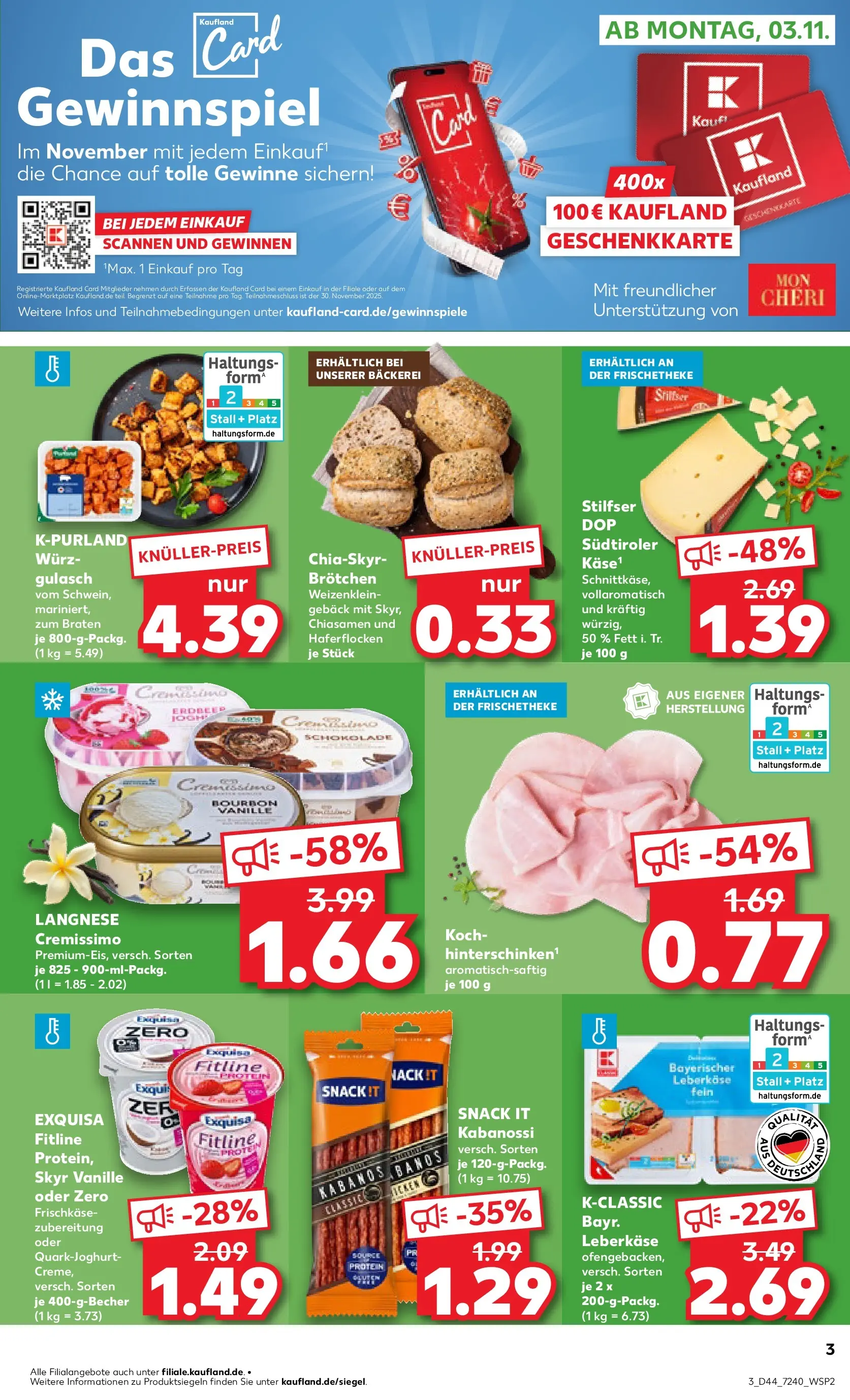 Prospekt Kaufland ab 03.11.2025 » Angebote Online zum Blättern | Seite: 3 | Produkte: Langnese cremissimo, Bäckerei, Schokolade, Frischkase