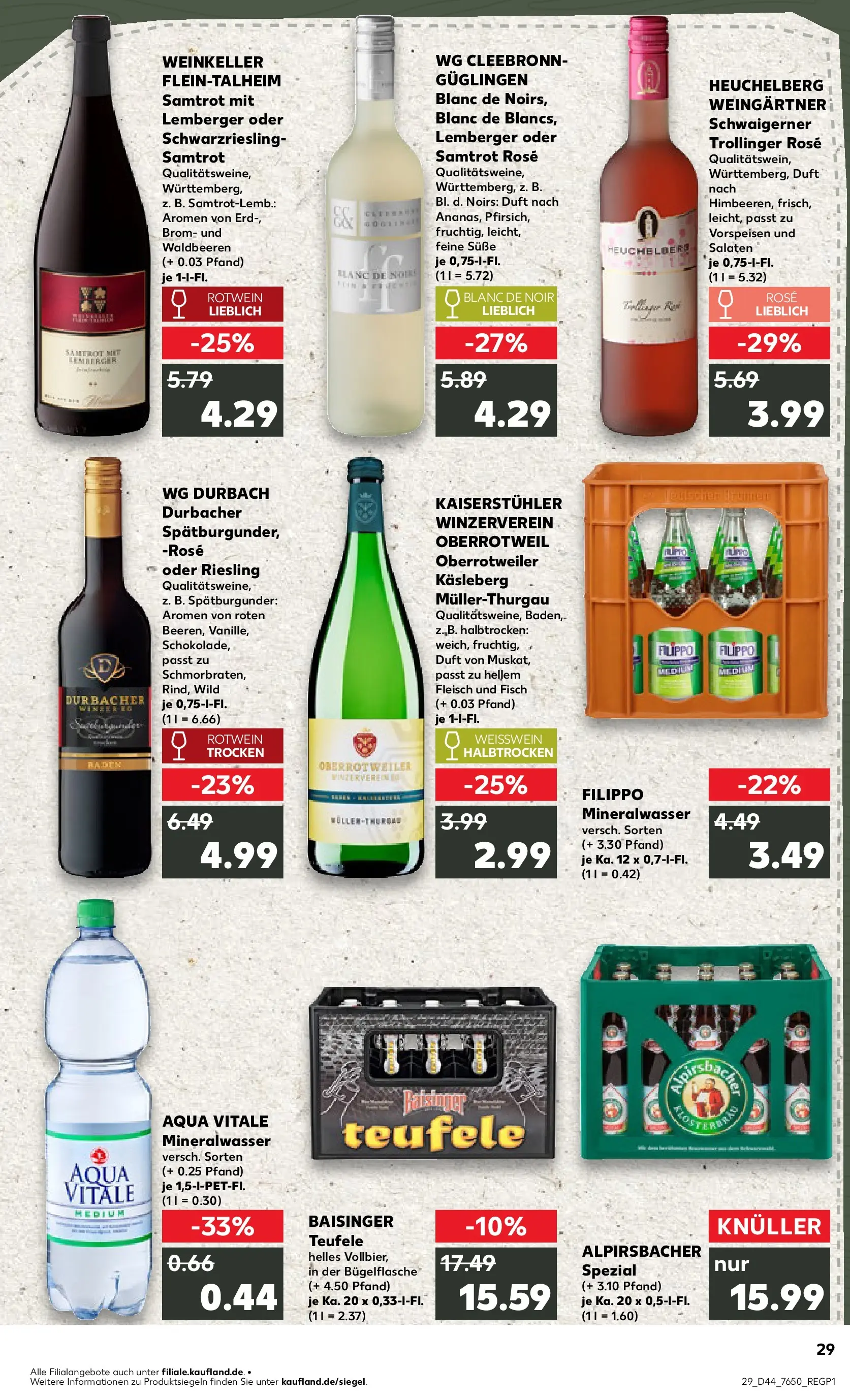 Prospekt Kaufland ab 03.11.2025 » Angebote Online zum Blättern | Seite: 29 | Produkte: Rotwein, Weißwein trocken, Mineralwasser, Fisch