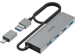HAMA USB-Hub, 4 Ports, USB 3.2 Gen1, 5 Gbit / s, inkl. USB-C-Adapter und Netzteil
