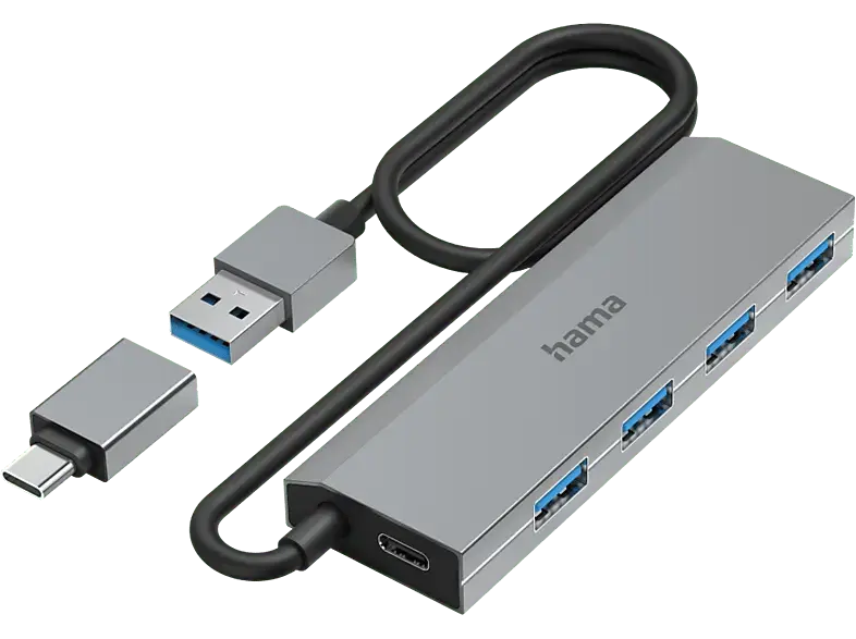 HAMA USB-Hub, 4 Ports, USB 3.2 Gen1, 5 Gbit / s, inkl. USB-C-Adapter und Netzteil