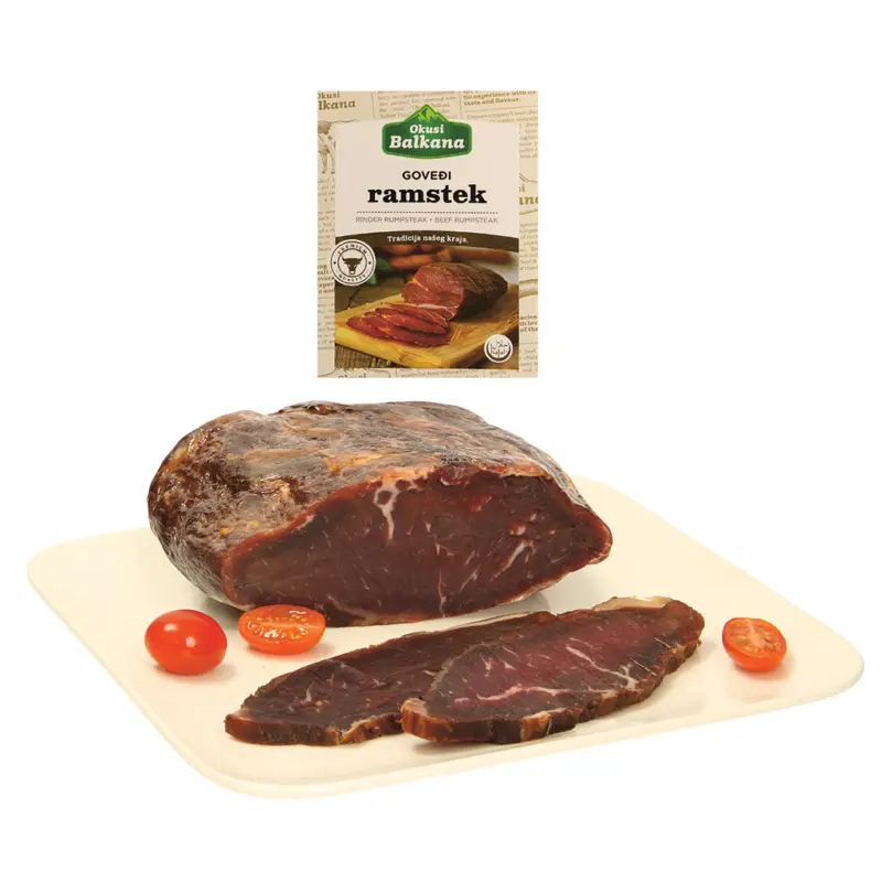 Halal Rumpsteak, gesalzen, geräuchert, mindestens 50 Tage luftgetrocknet gereift.