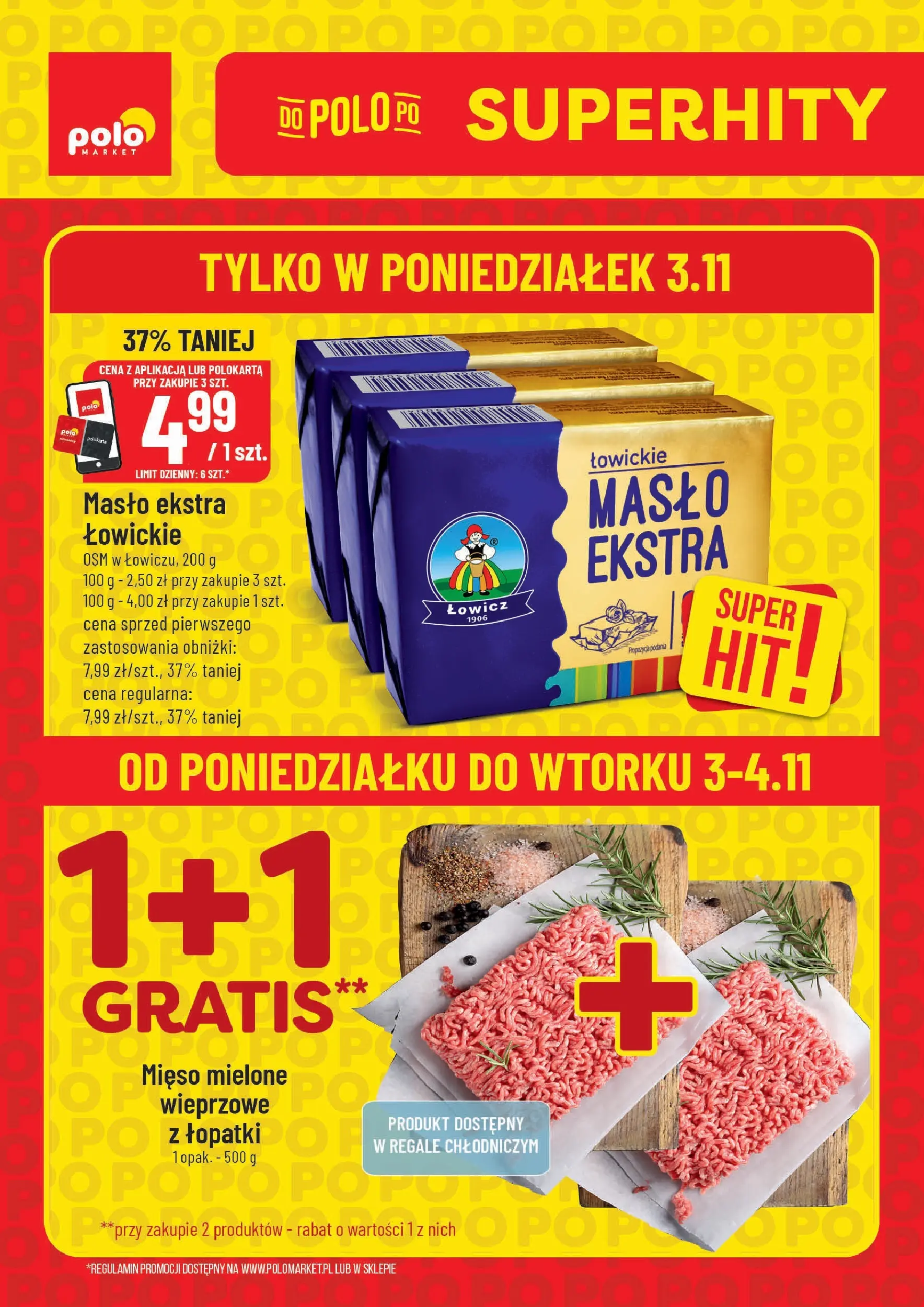 Nowa POLOmarket gazetka od jutra 03.11.2025 (PDF) | Strona: 1 | Produkty: Mięso, Mięso mielone, Masło