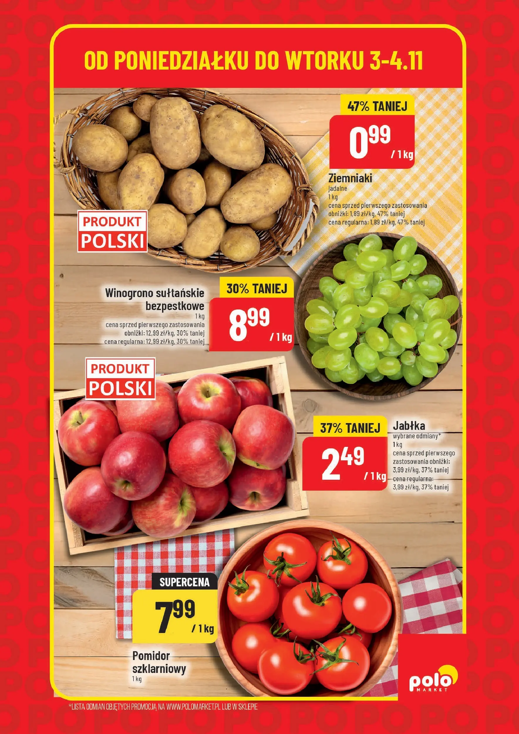 Nowa POLOmarket gazetka od jutra 03.11.2025 (PDF) | Strona: 3 | Produkty: Winogrono, Jabłka, Ziemniaki