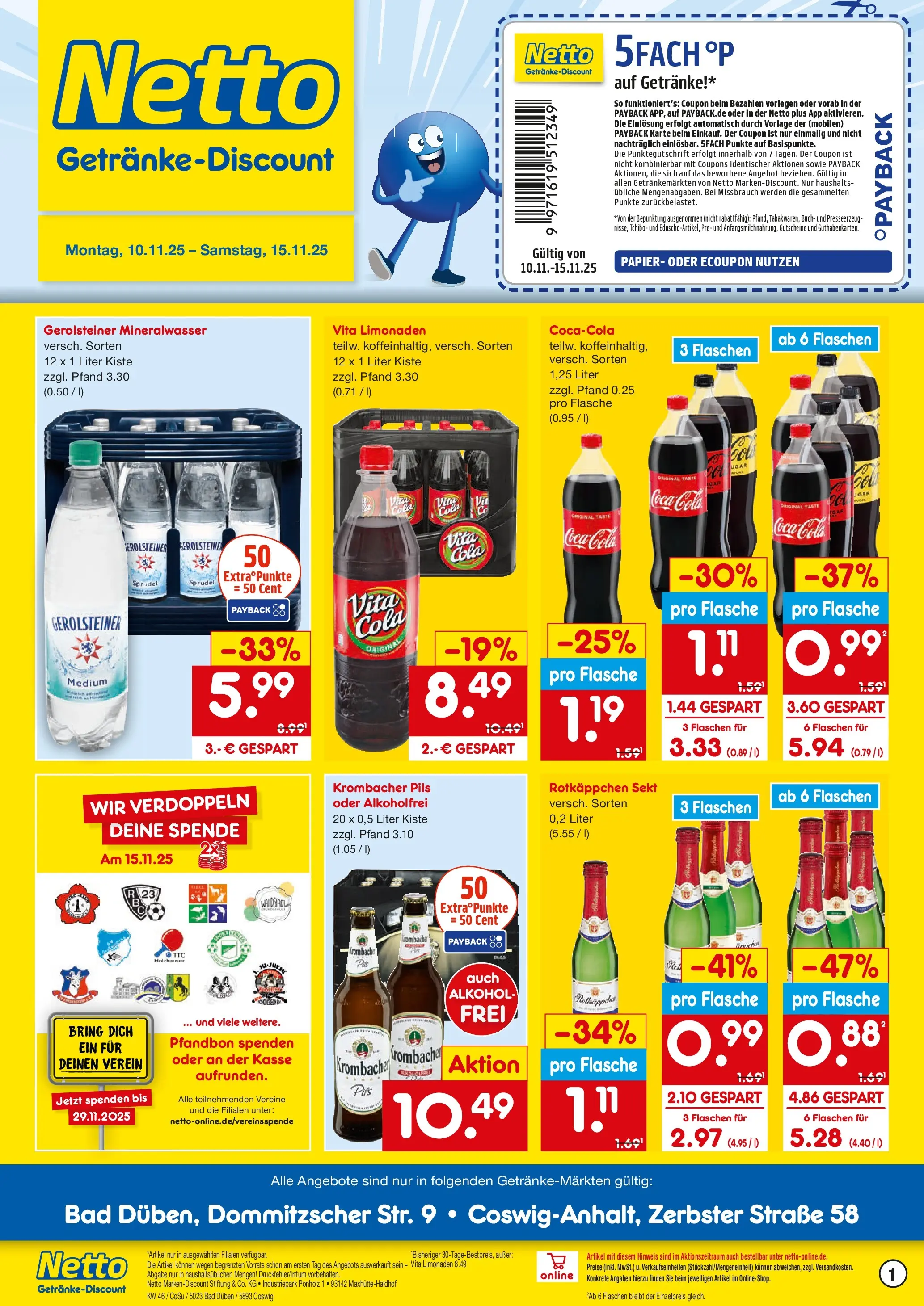 Netto Marken-Discount prospekt Bad Düben	 (ab 10.11.2025) » Angebote | Seite: 1 | Produkte: Pils, Vita cola, Krombacher, Rotkäppchen