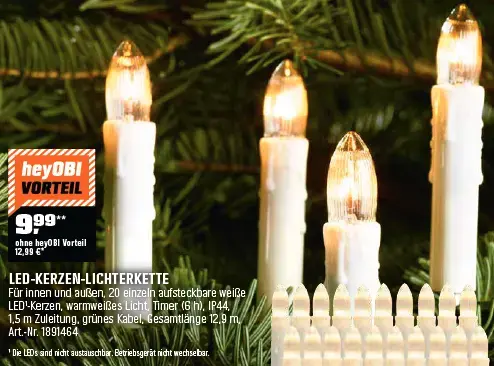 LED-Kerzen-Lichterkette 20 LEDs Warmweiß Grünes Kabel 12,9 m