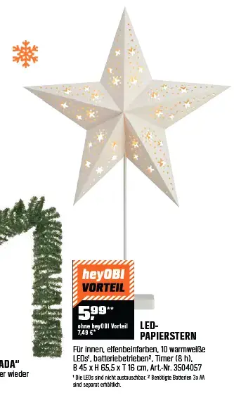 Papierstern mit LEDs 46,5 cm x 15 cm x 65,5 cm Weiß