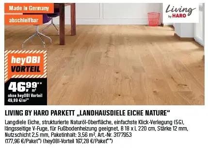 Living by HARO Parkett Landhausdiele 2V Eiche Nature Strukturiert Naturöl