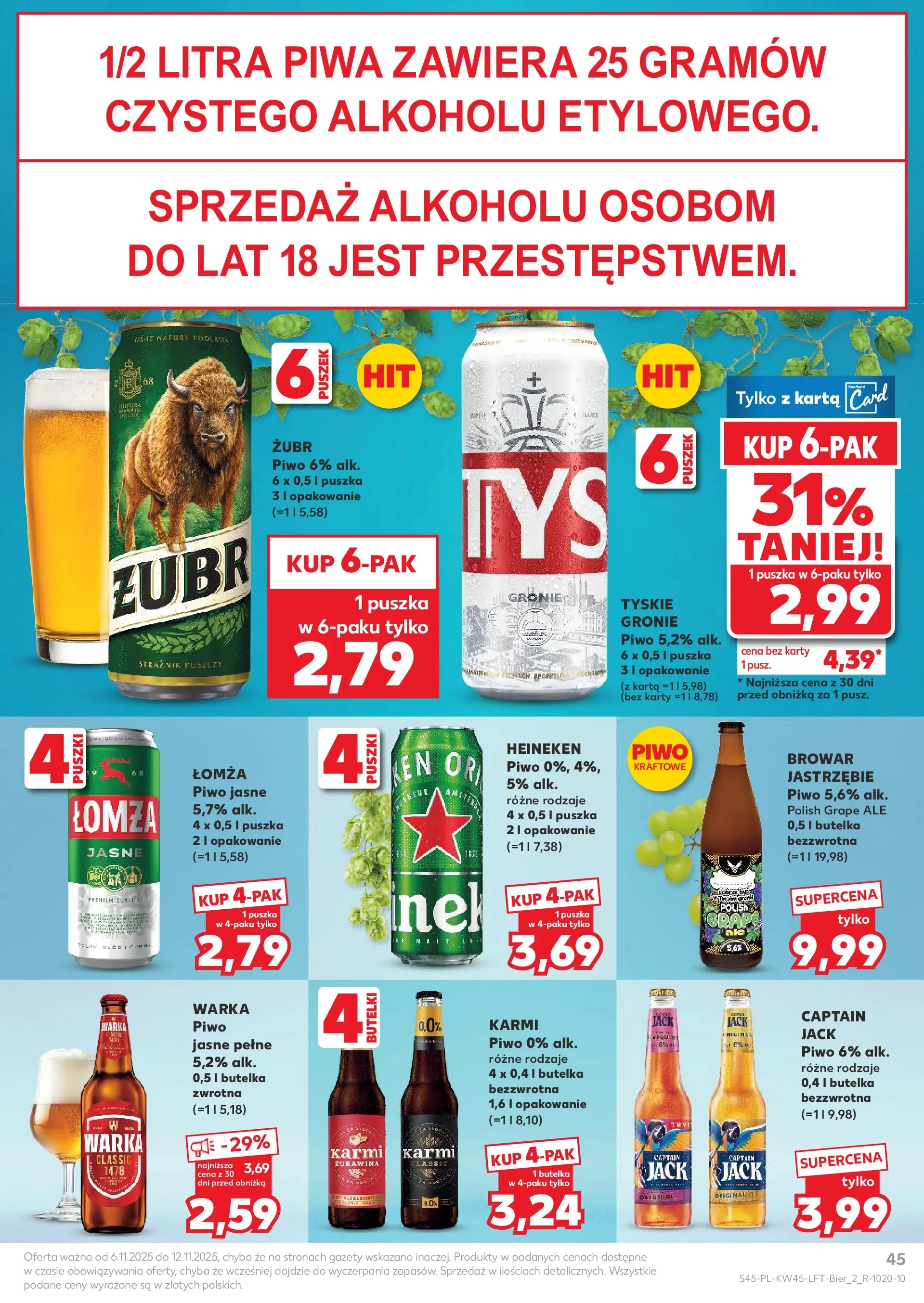 Kaufland gazetka od 06.11.2025 - od jutra PDF | Strona: 45 | Produkty: Karta, Warka, Piwo, Heineken