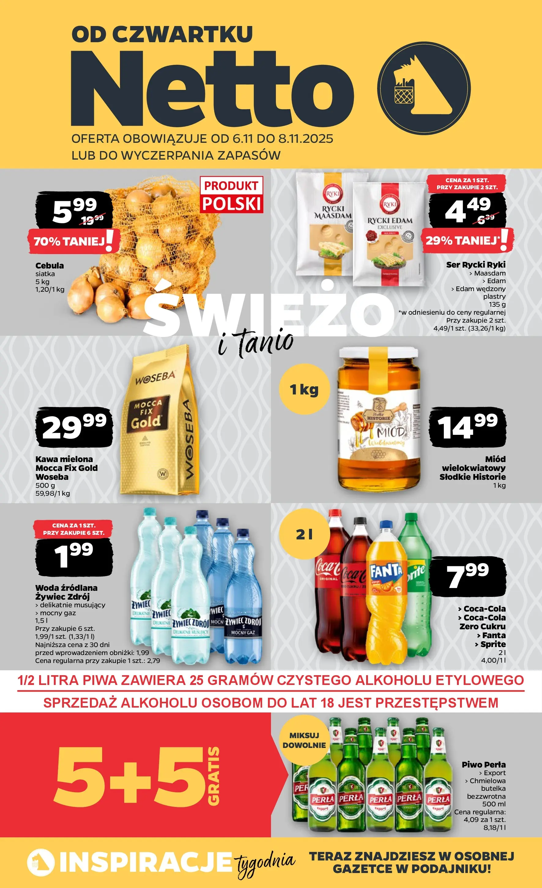 Netto gazetka - Spożywcza od 06.11.2025 - Aktualne promocje | Strona: 1 | Produkty: Woda źródlana, Ser, Kawa, Piwo