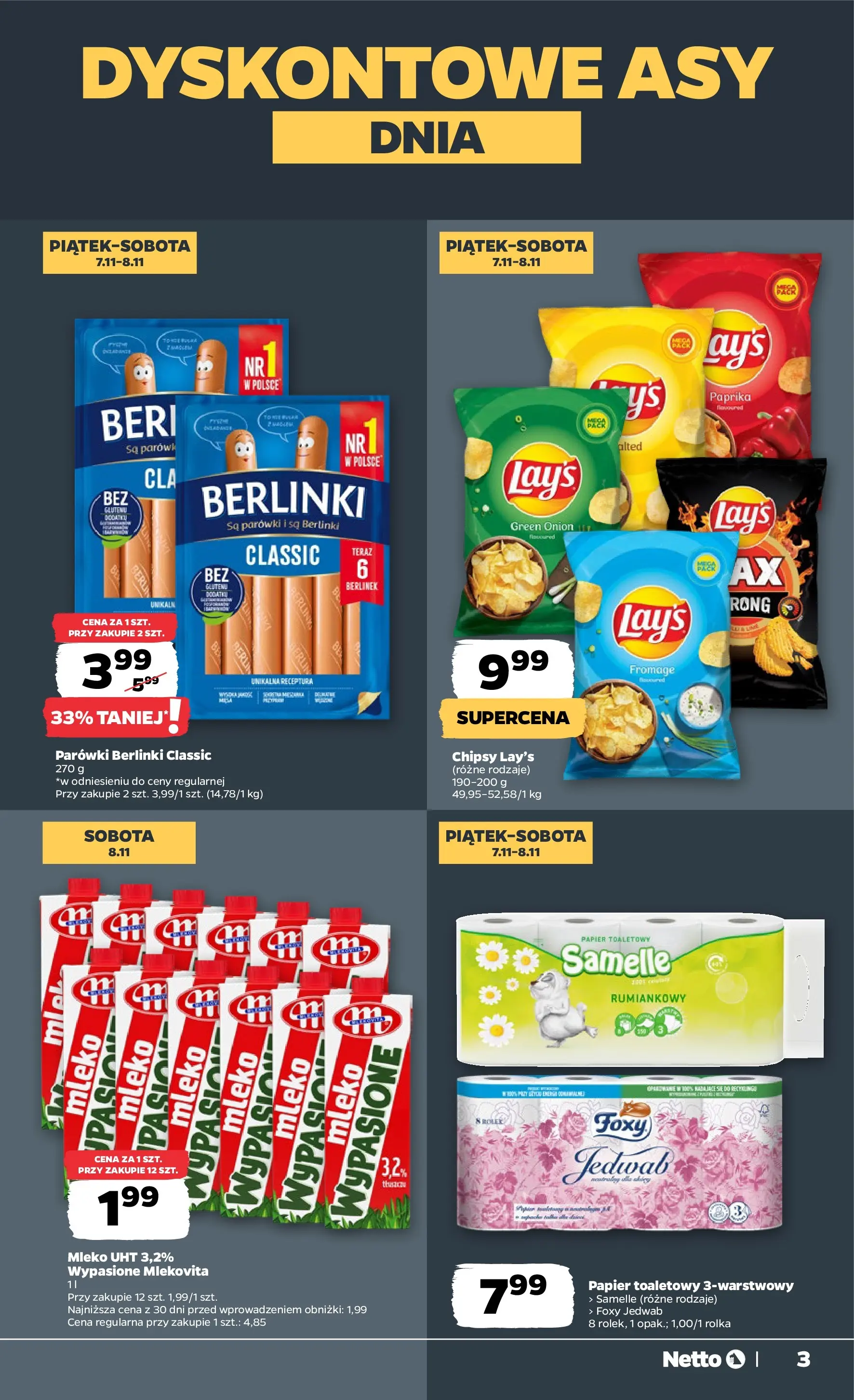 Netto gazetka - Spożywcza od 06.11.2025 - Aktualne promocje | Strona: 3 | Produkty: Parówki berlinki, Papier toaletowy, Parówki, Mleko