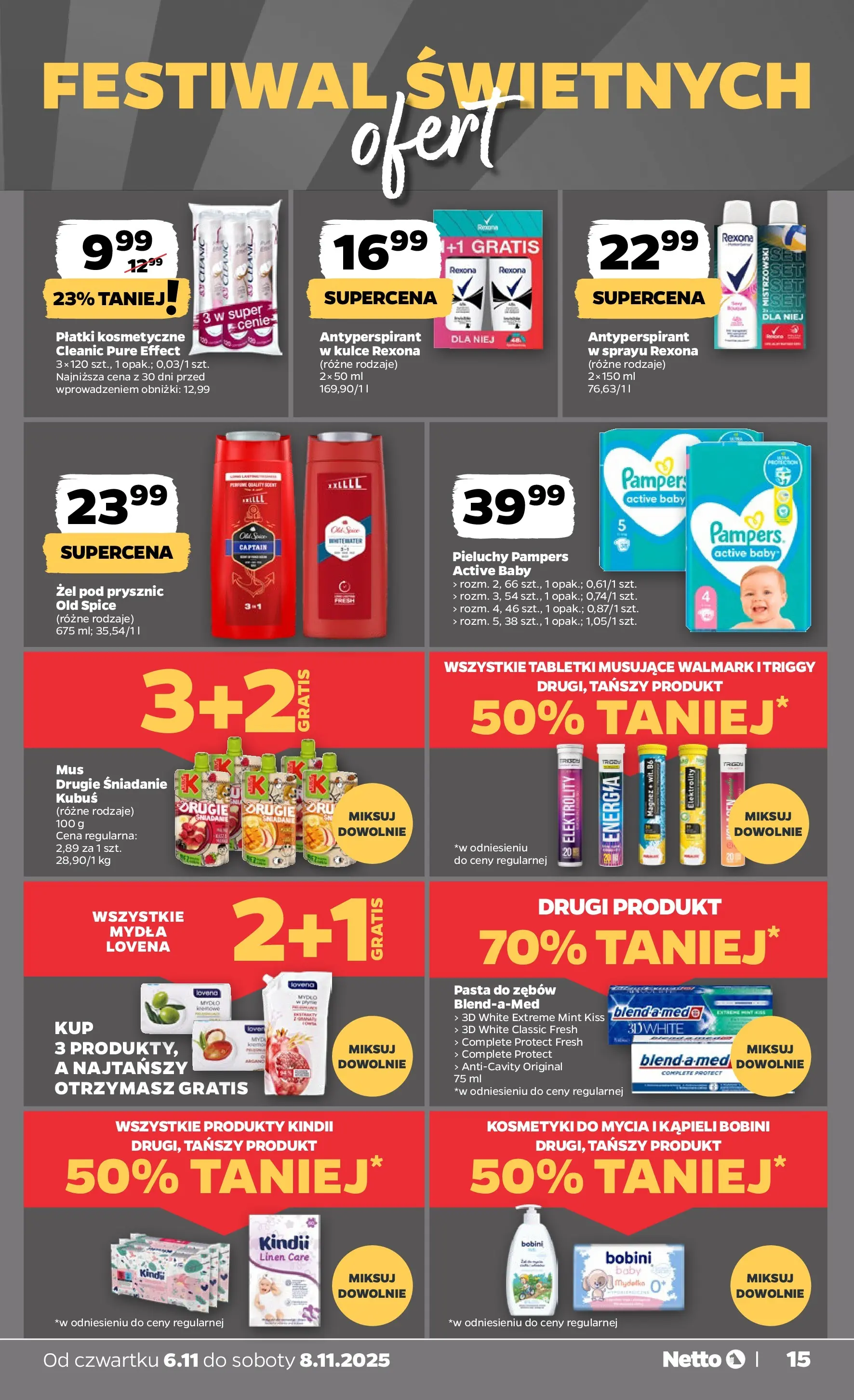 Netto gazetka - Spożywcza od 06.11.2025 - Aktualne promocje | Strona: 15 | Produkty: Pieluchy Pampers Active Baby, Kosmetyki, Żel pod prysznic, Old spice