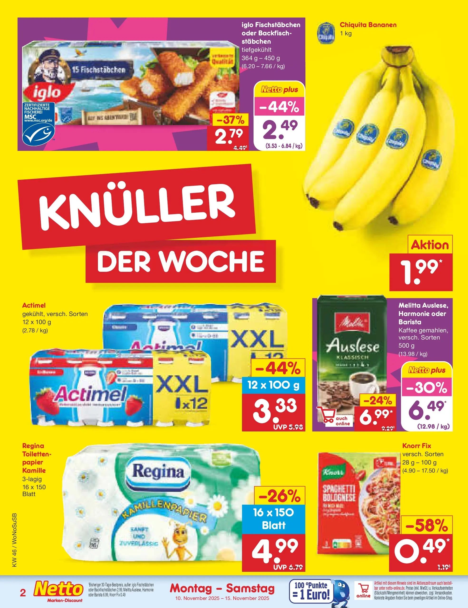 Netto Marken-Discount prospekt Lahnau	 (ab 10.11.2025) » Angebote | Seite: 2 | Produkte: Knorr fix, Actimel, Iglo, Bananen