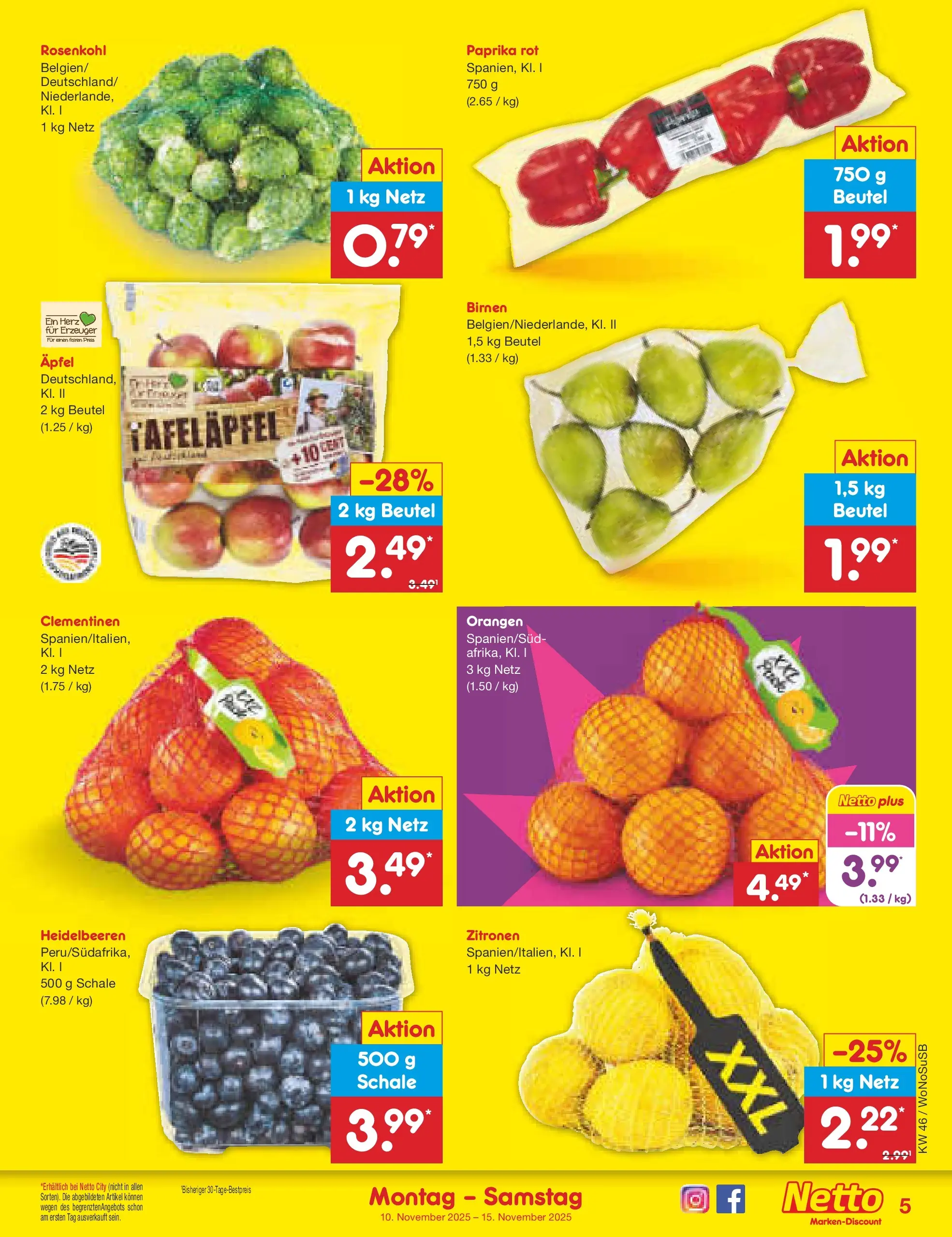 Netto Marken-Discount prospekt Lahnau	 (ab 10.11.2025) » Angebote | Seite: 5 | Produkte: Orangen, Heidelbeeren, Paprika, Zitronen