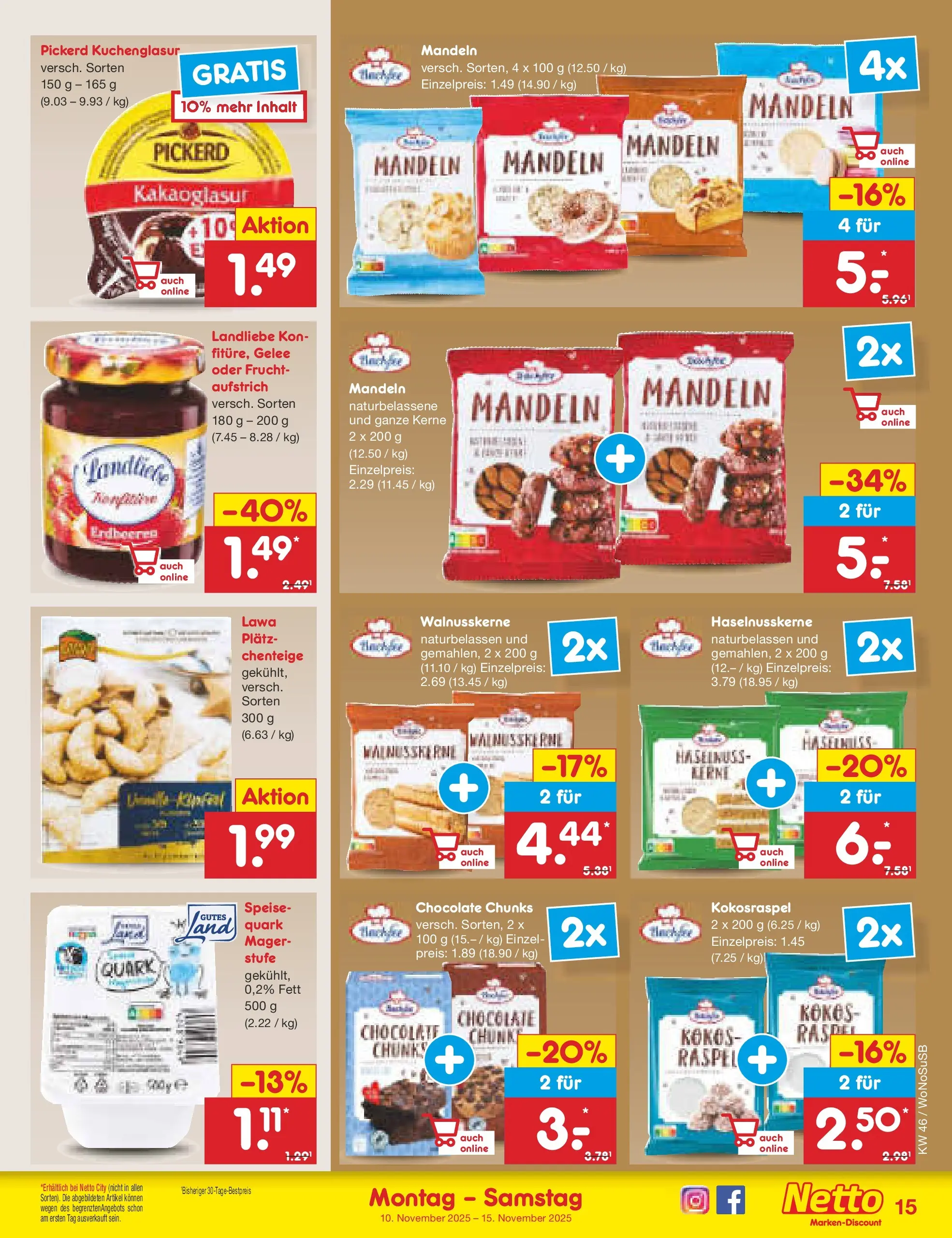 Netto Marken-Discount prospekt Lahnau	 (ab 10.11.2025) » Angebote | Seite: 15 | Produkte: Quark, Mandeln, Erdbeeren