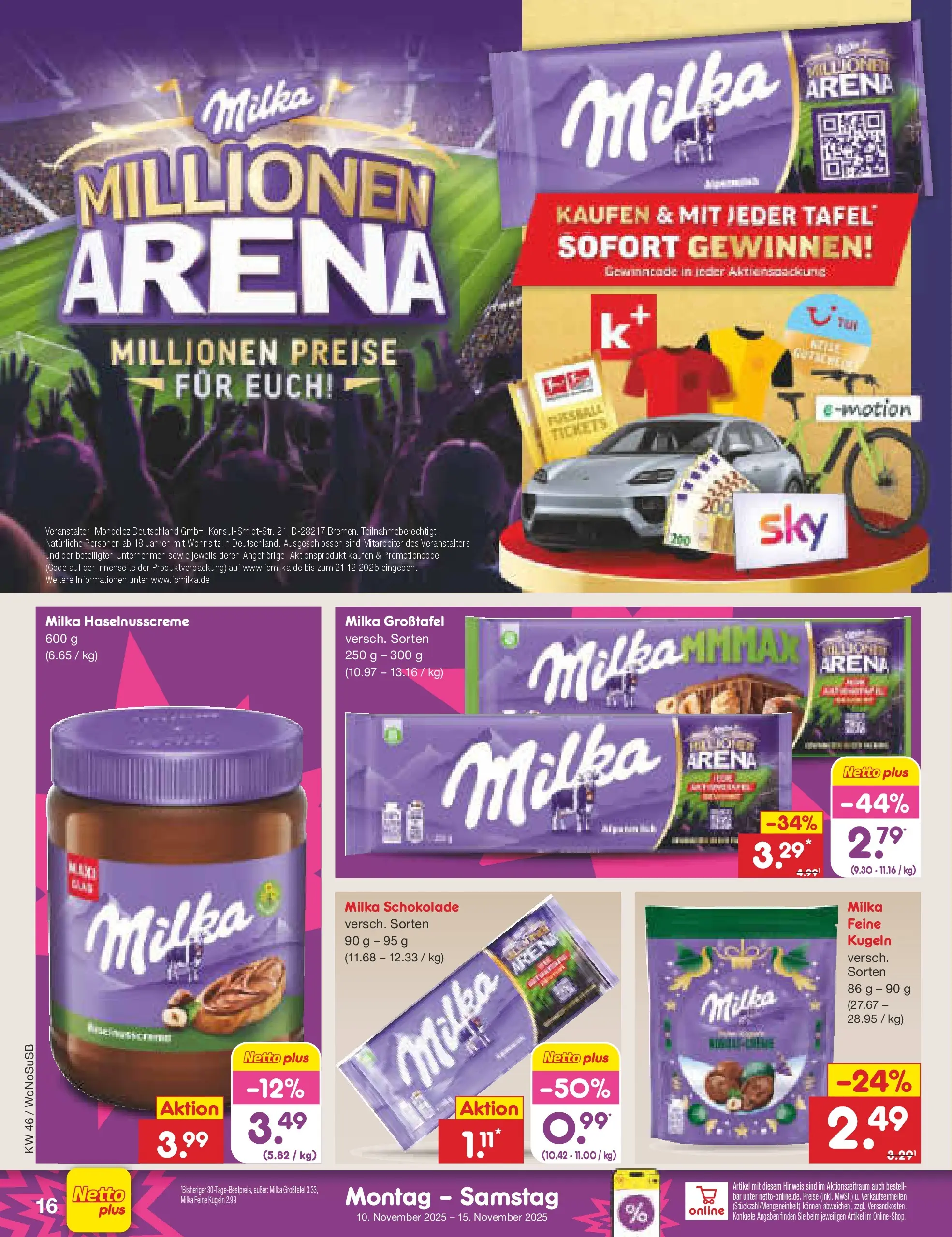 Netto Marken-Discount prospekt Lahnau	 (ab 10.11.2025) » Angebote | Seite: 16 | Produkte: Schokolade, Milka schokolade, Milka, Fußball
