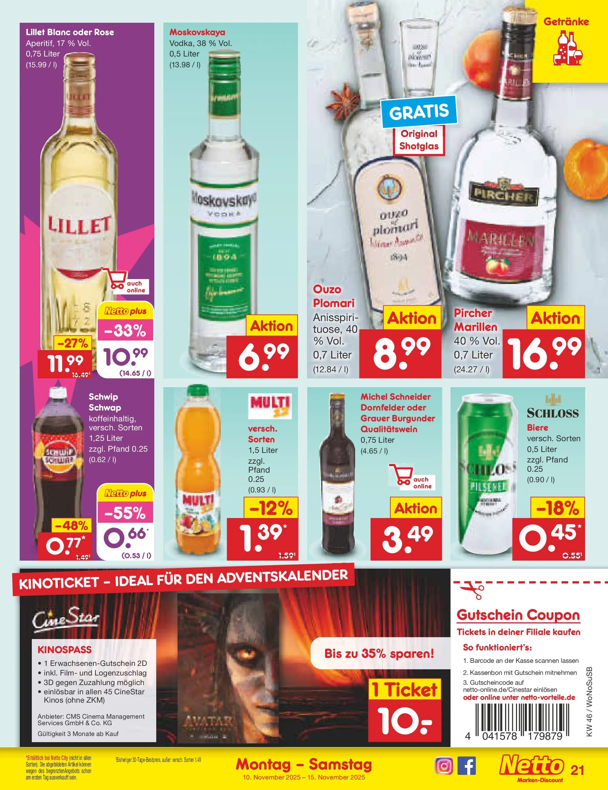Netto Marken-Discount prospekt Lahnau	 (ab 10.11.2025) » Angebote | Seite: 21 | Produkte: Ouzo, Lillet
