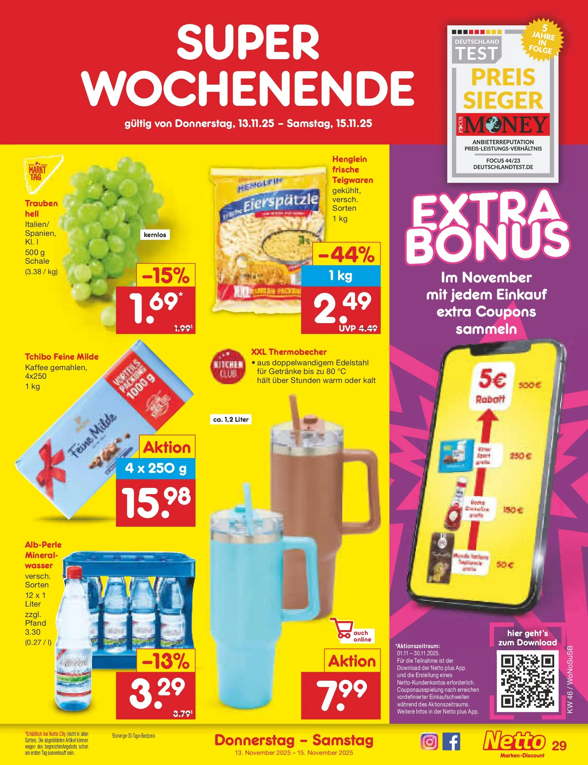 Netto Marken-Discount prospekt Lahnau	 (ab 10.11.2025) » Angebote | Seite: 37 | Produkte: Trauben, Kaffee, Wasser